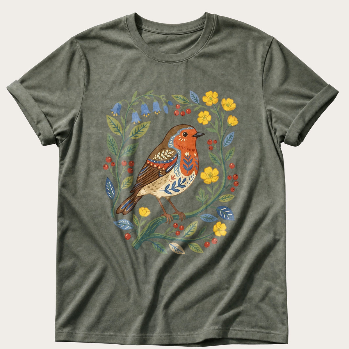 Folk Style Robin — Moss Comfort Colors tee