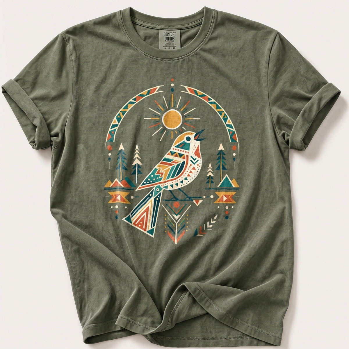Geometric Sun Songbird — Moss Comfort Colors tee