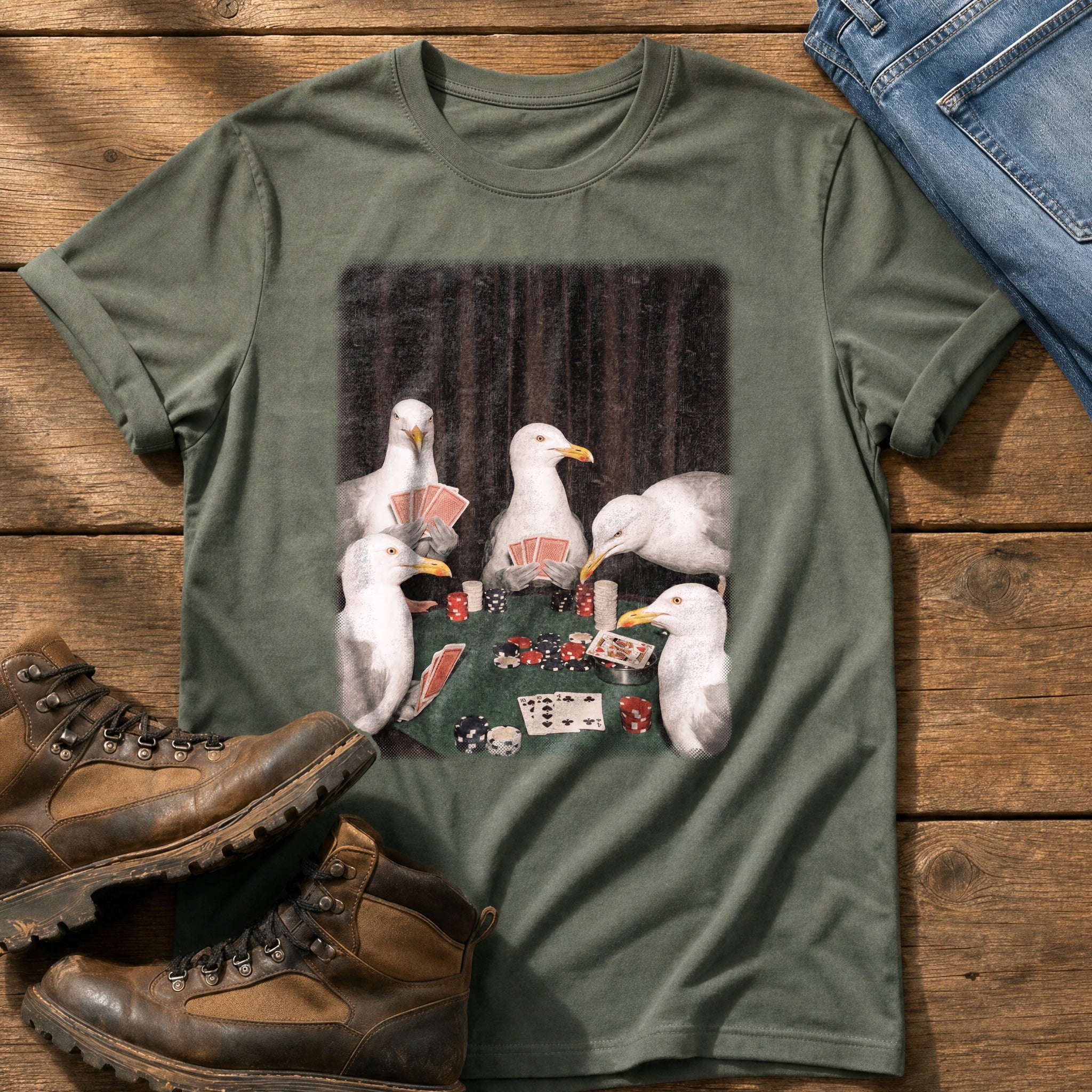 Gulls Playing Poker — Moss Comfort Colors tee