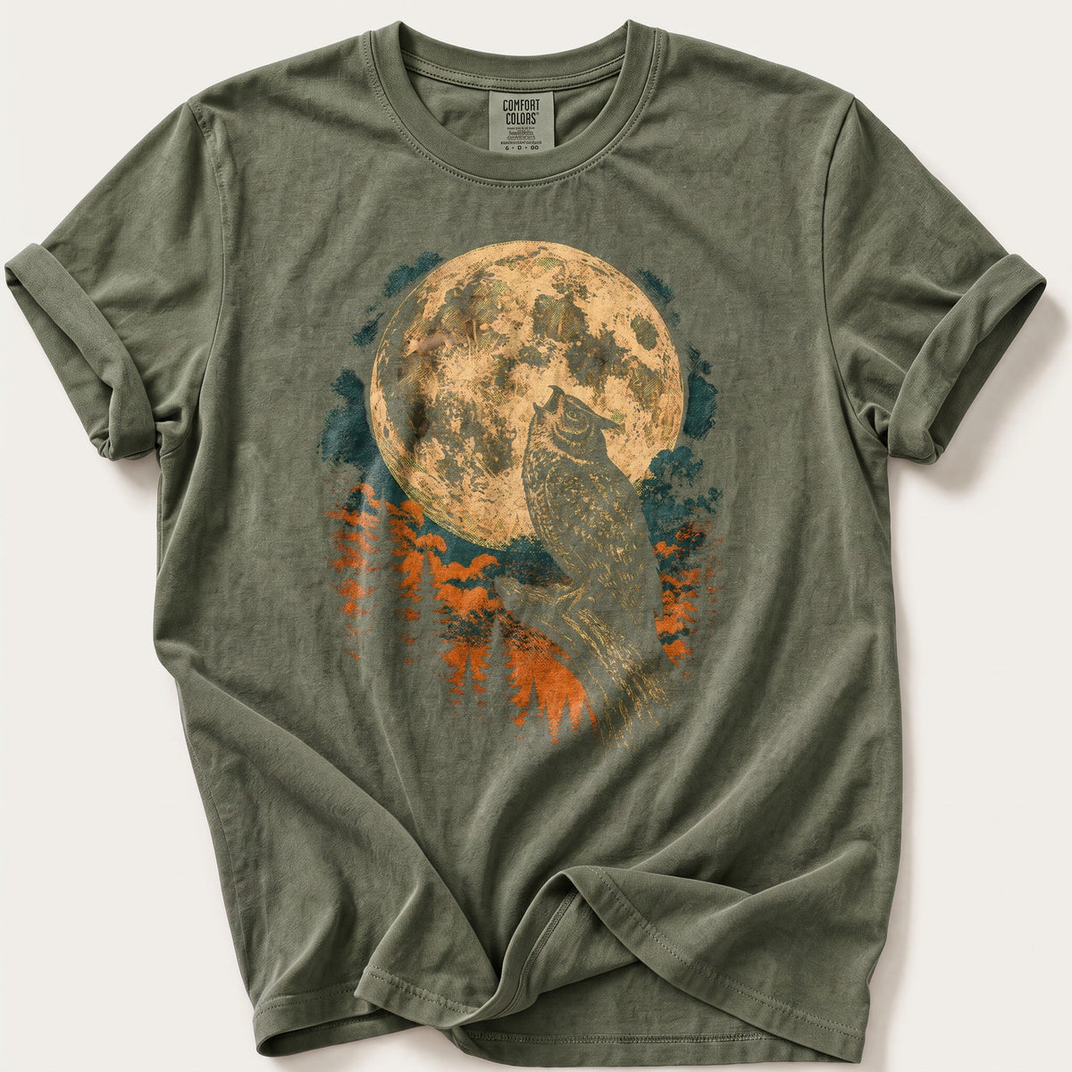 Harvest Moon Owl — Moss Comfort Colors tee