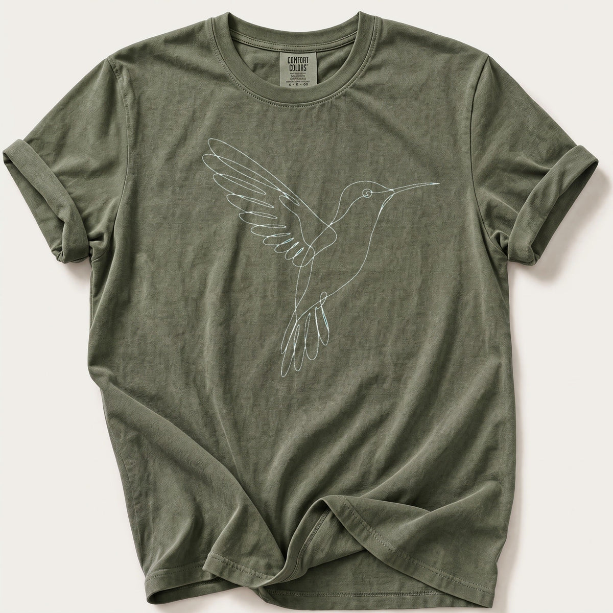 Hummingbird Line Art — Moss Comfort Colors tee