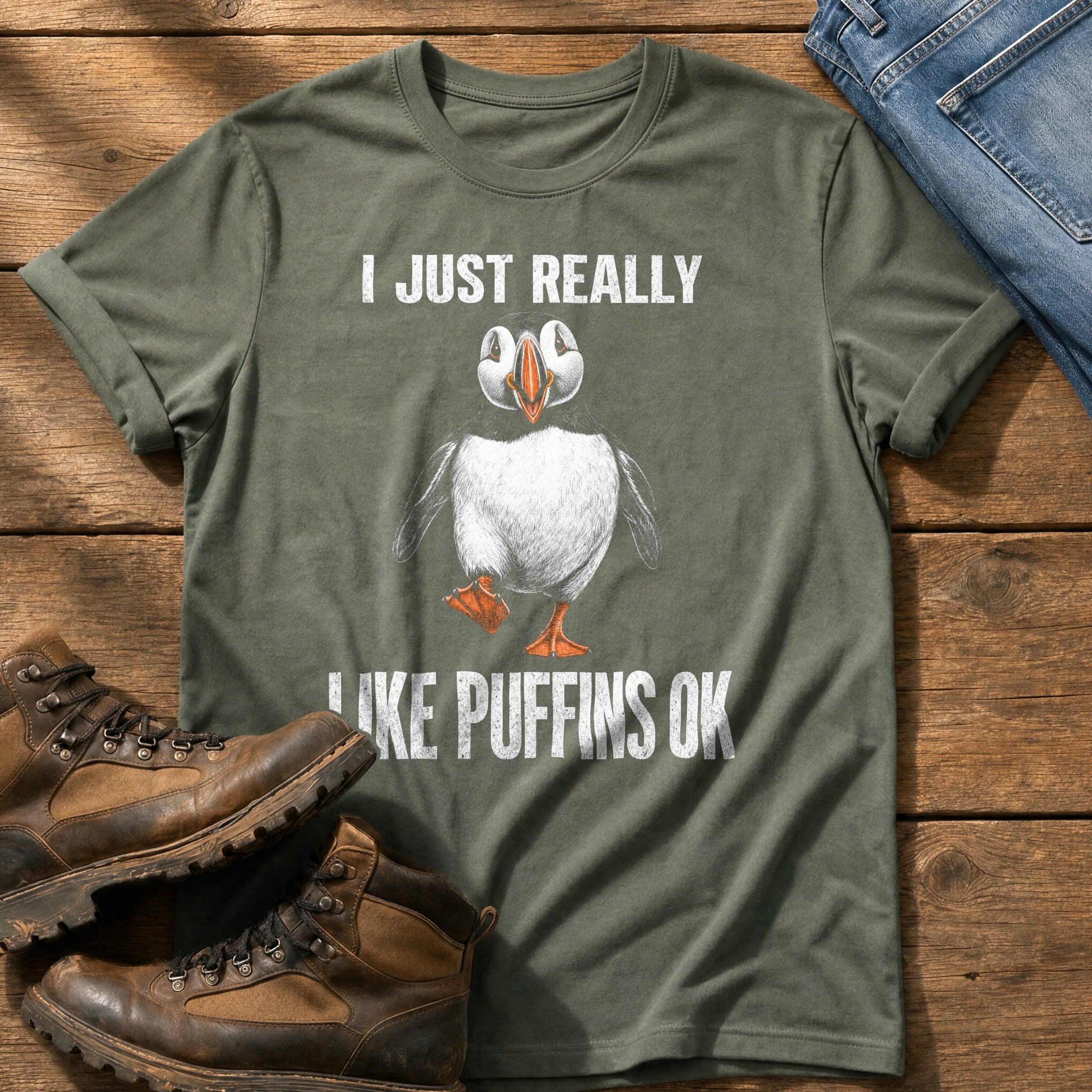 I Just Like Puffins — Moss Comfort Colors tee
