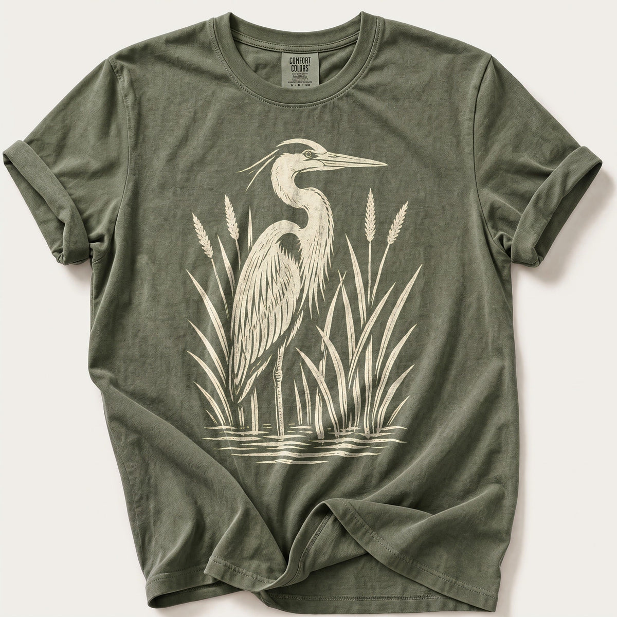 Linocut Heron — Moss Comfort Colors tee
