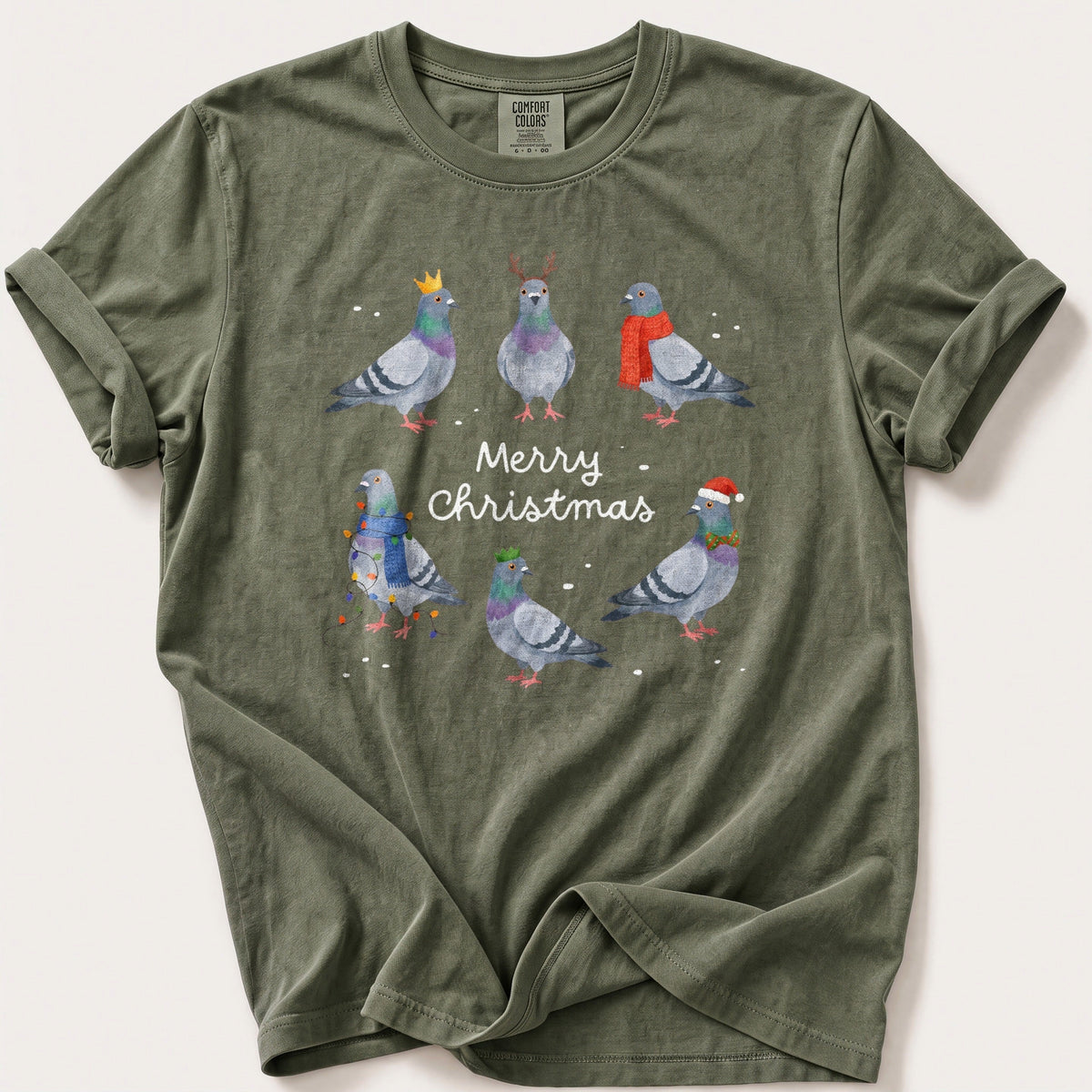 Merry Christmas Pigeons — Moss Comfort Colors tee