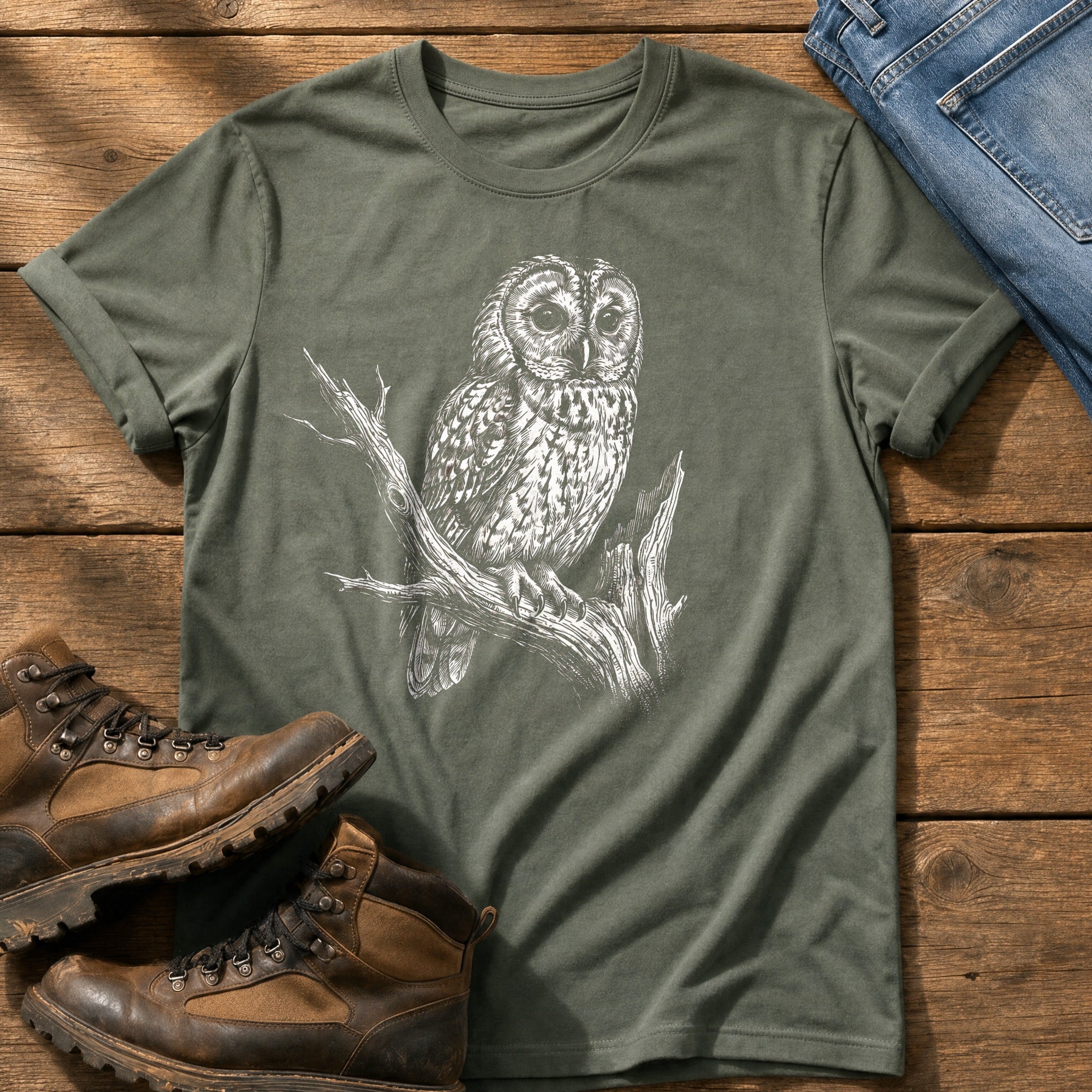 Mono Owl Print — Moss Comfort Colors tee