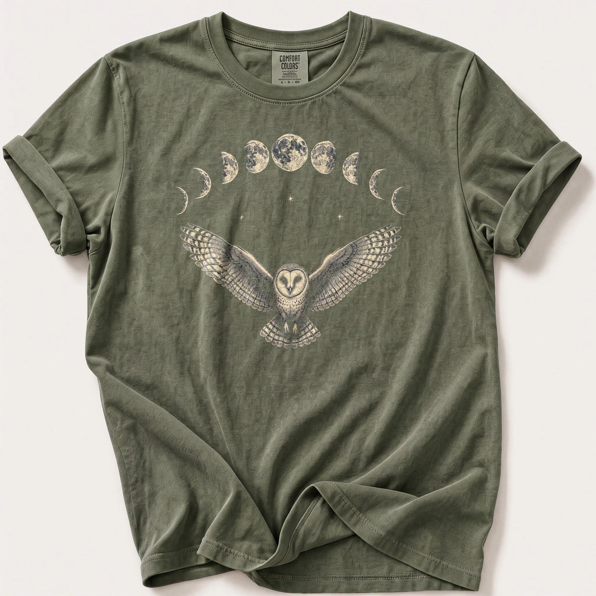 Moon Phase Barn Owl — Moss Comfort Colors tee