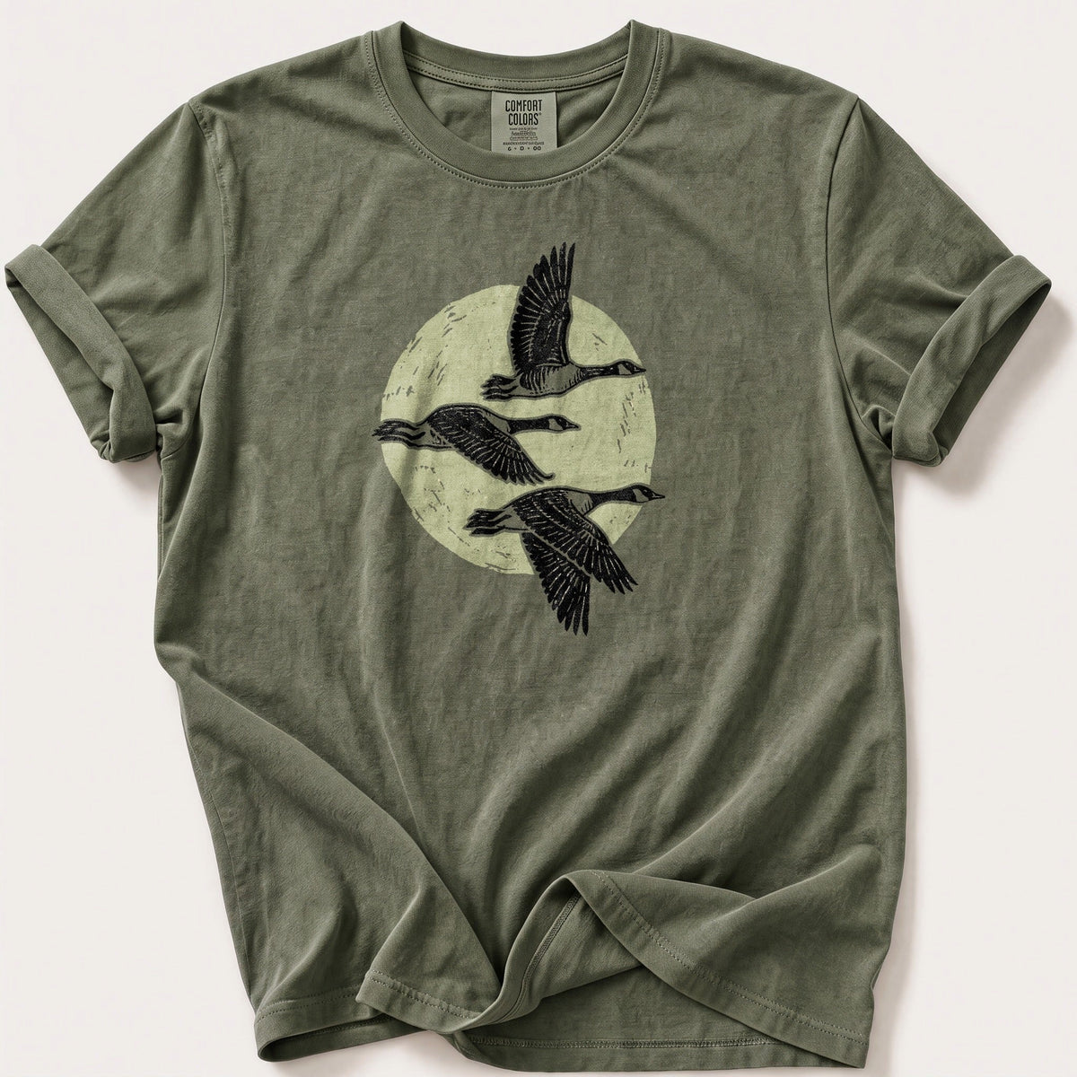 Moonrise Geese — Moss Comfort Colors tee