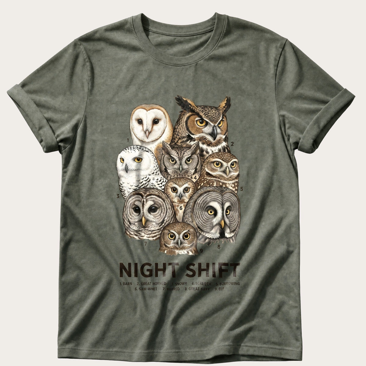 Night Shift Owls — Moss Comfort Colors tee