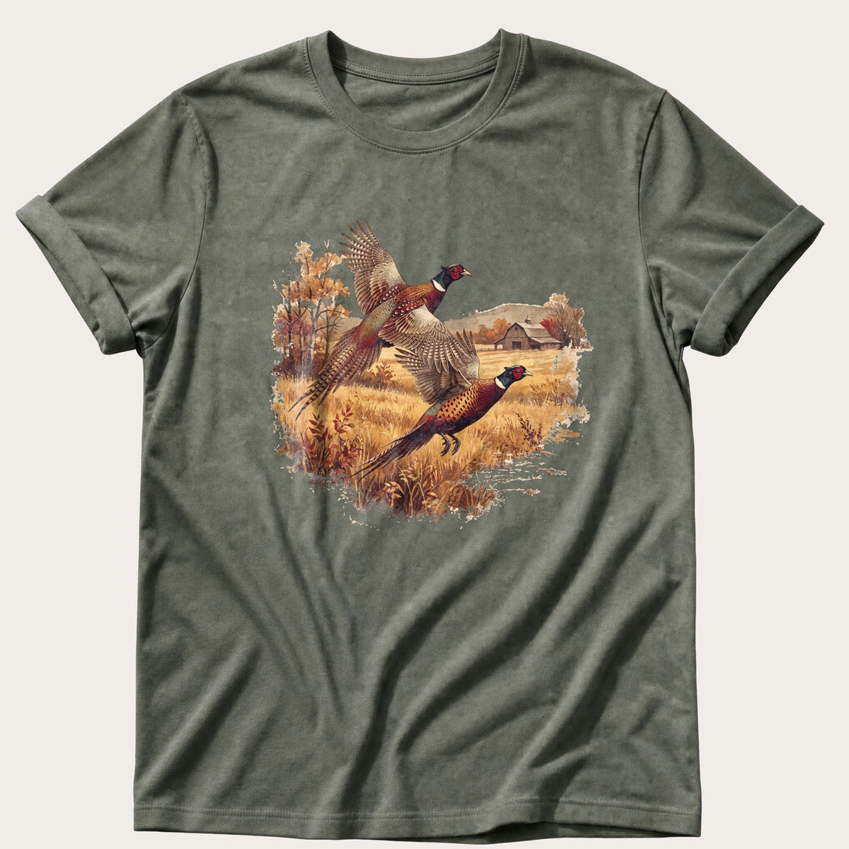 Pheasants Over The Farm — Moss Comfort Colors tee