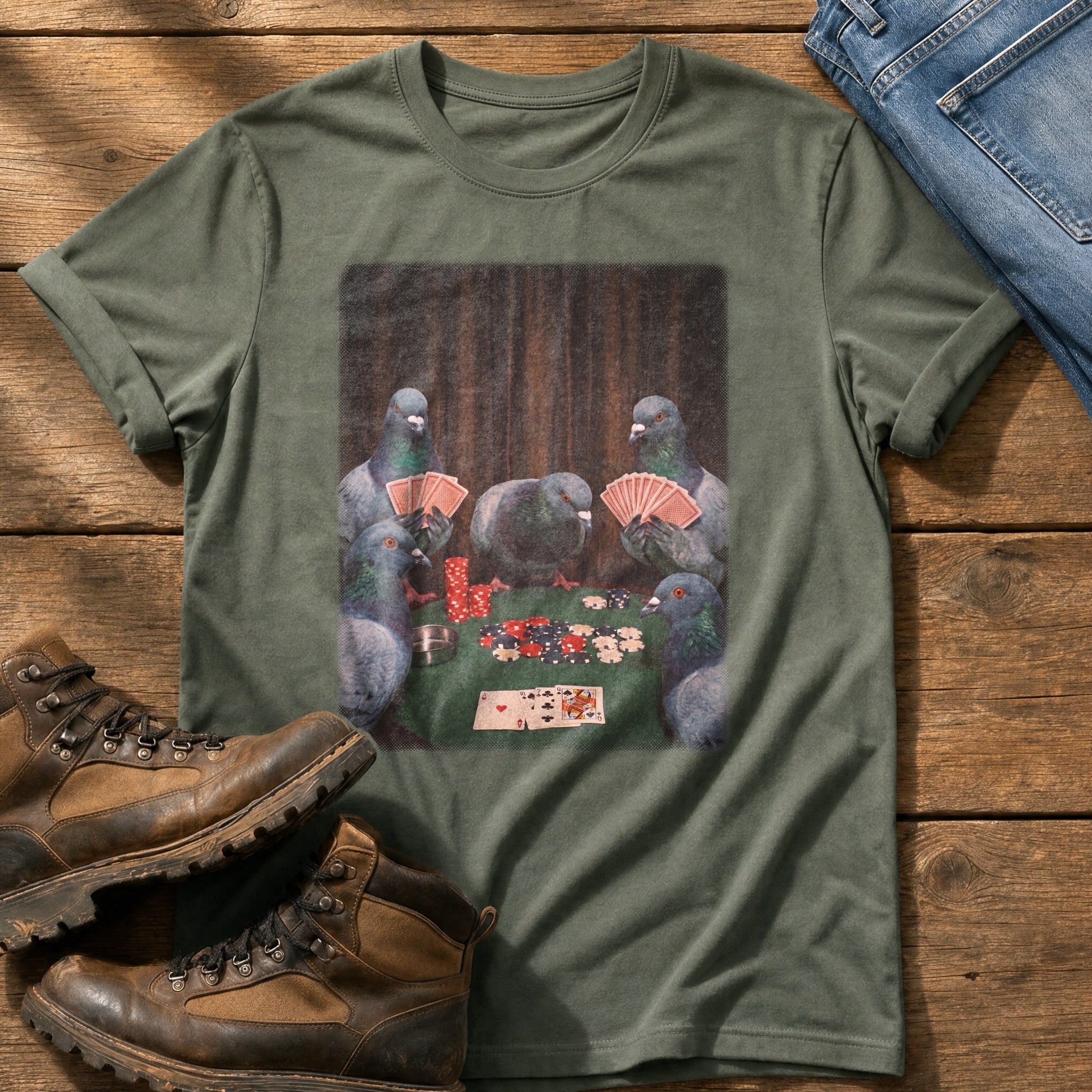 Pigeon Poker Night — Moss Comfort Colors tee