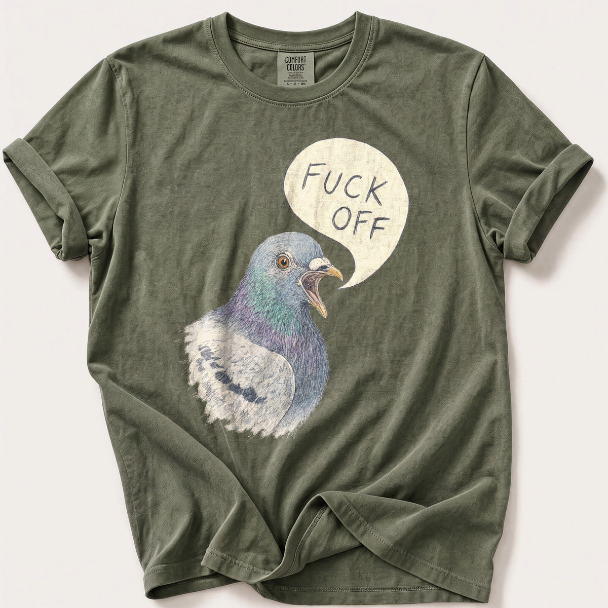 Pigeon With Opinions — Moss Comfort Colors tee