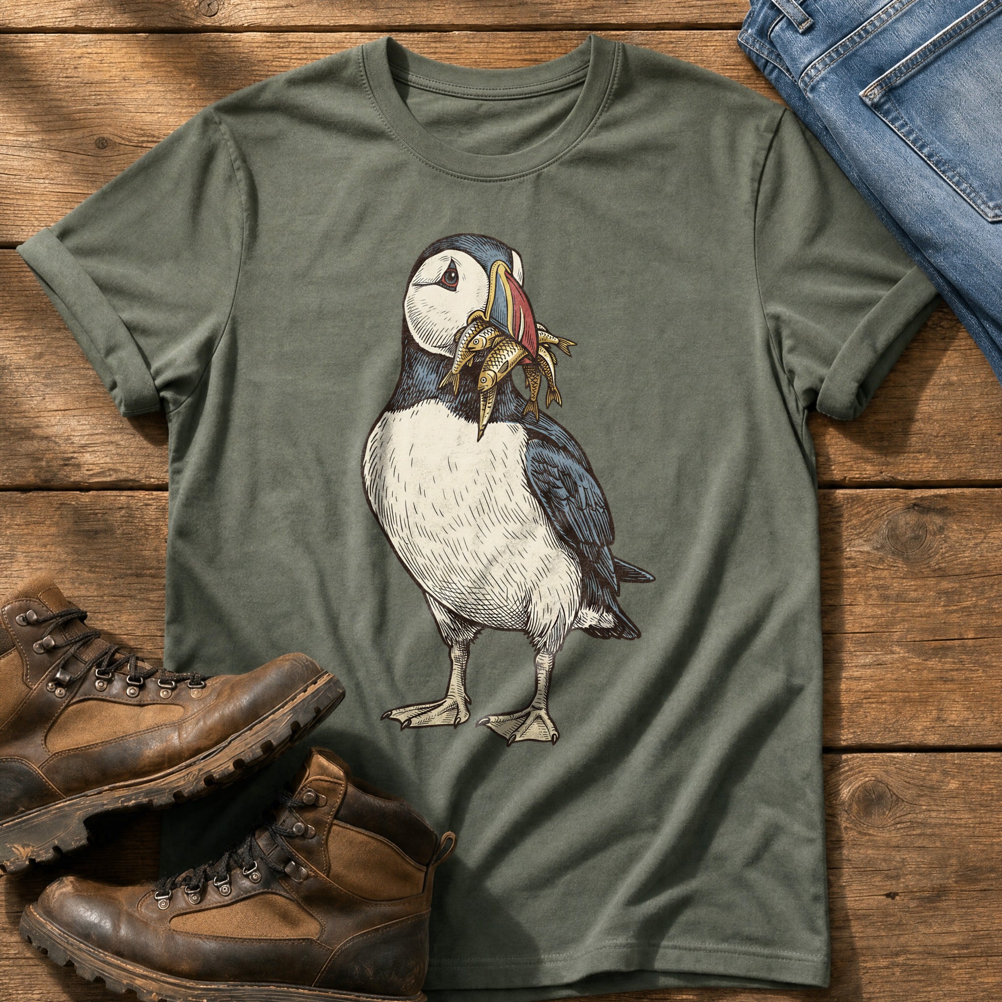 Puffin And Fish 12 — Moss Comfort Colors tee