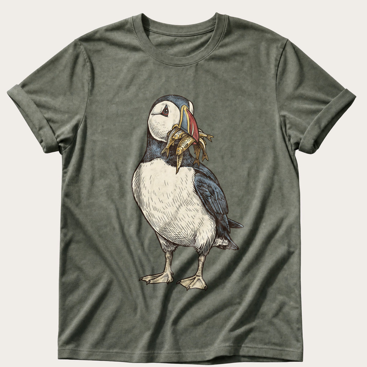 Puffin And Fish 12 — Moss Comfort Colors tee