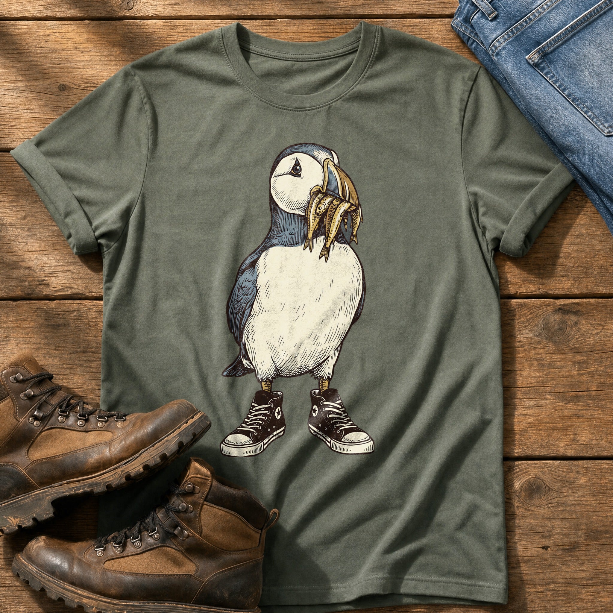 Puffin And Fish 77 — Moss Comfort Colors tee