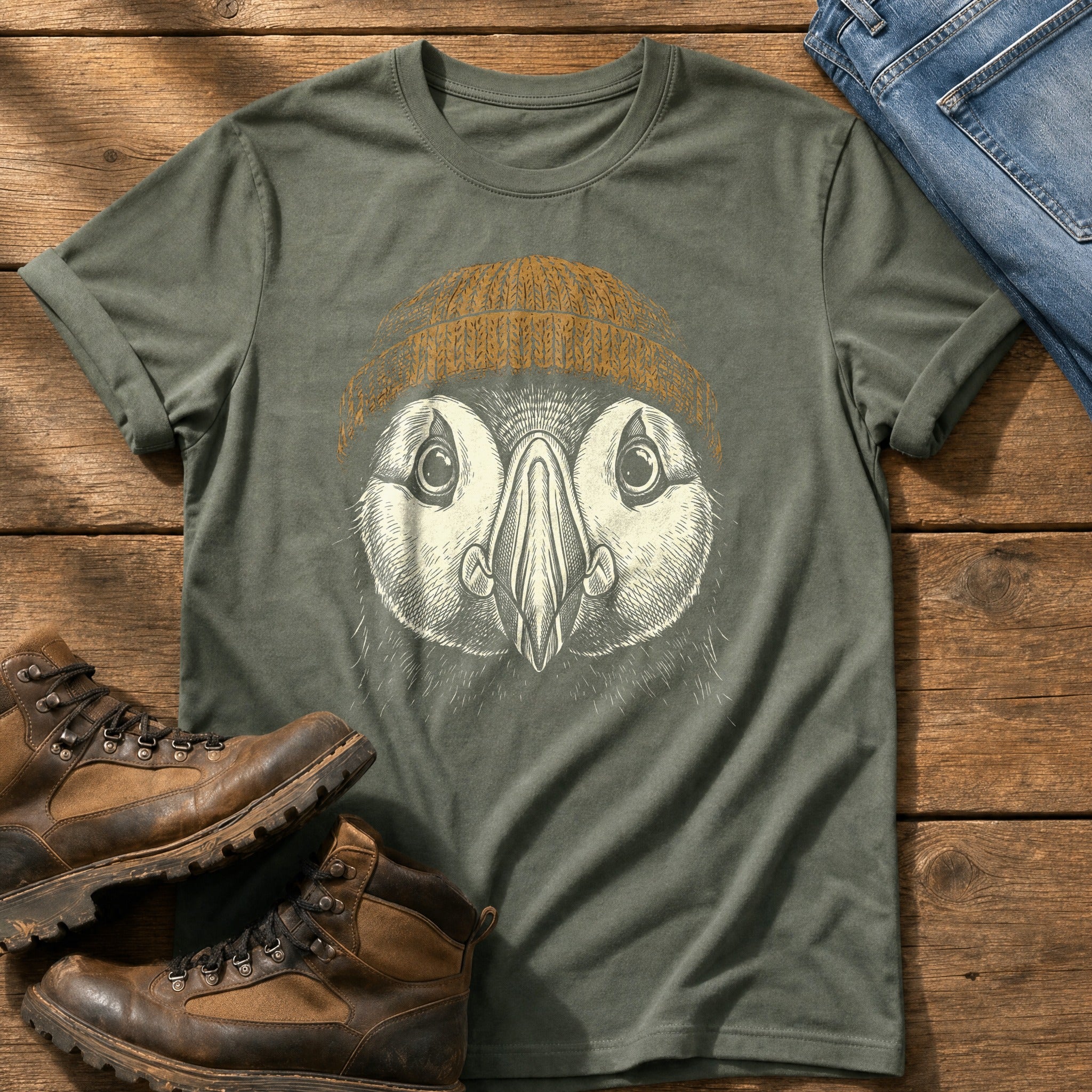 Puffin Beanie 12 — Moss Comfort Colors tee