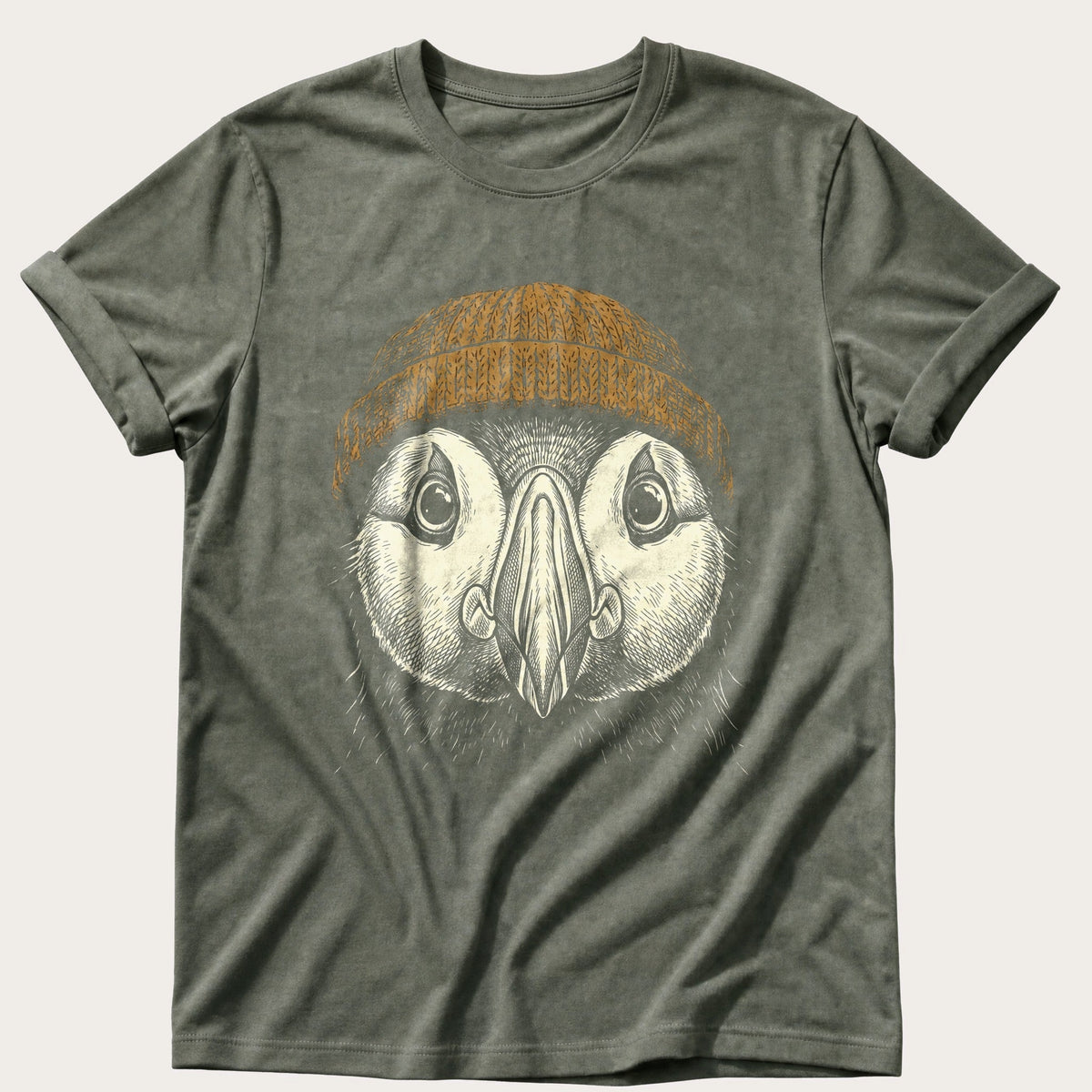 Puffin Beanie 12 — Moss Comfort Colors tee