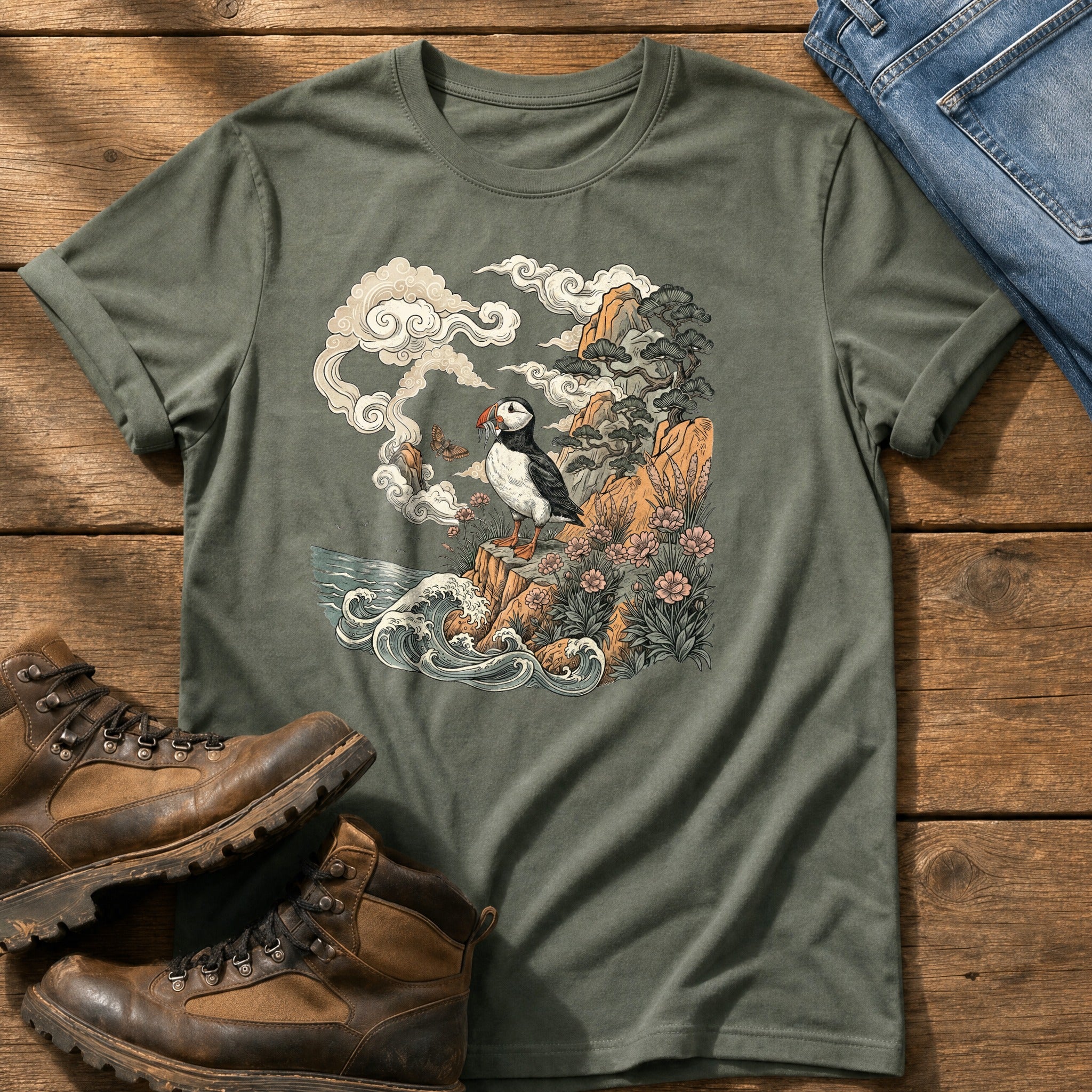 Puffin Cliff Murul 7 — Moss Comfort Colors tee