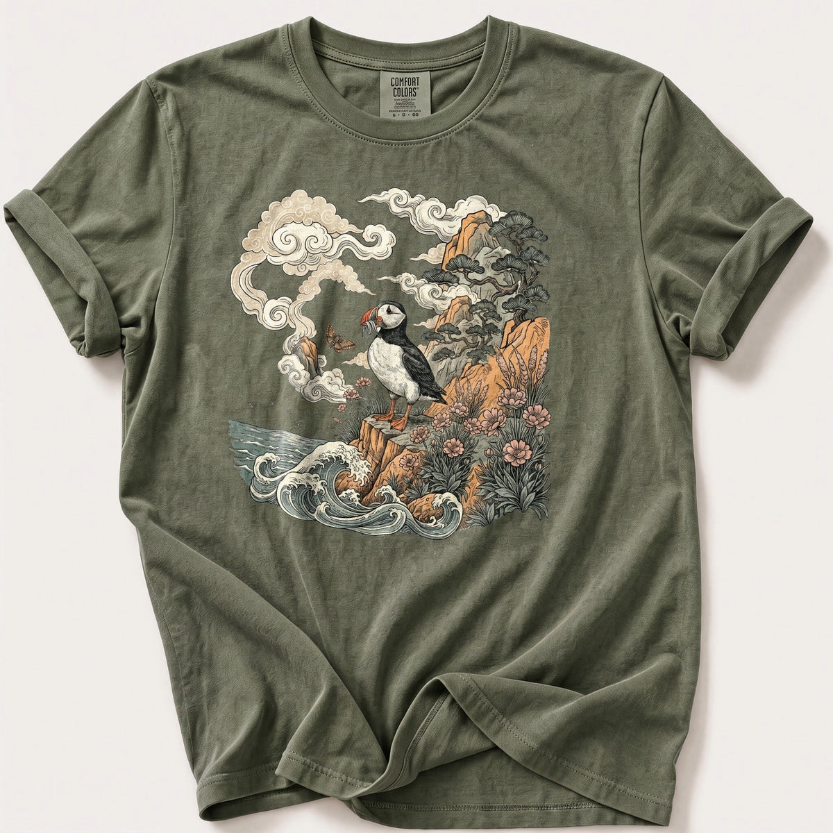Puffin Cliff Murul 7 — Moss Comfort Colors tee