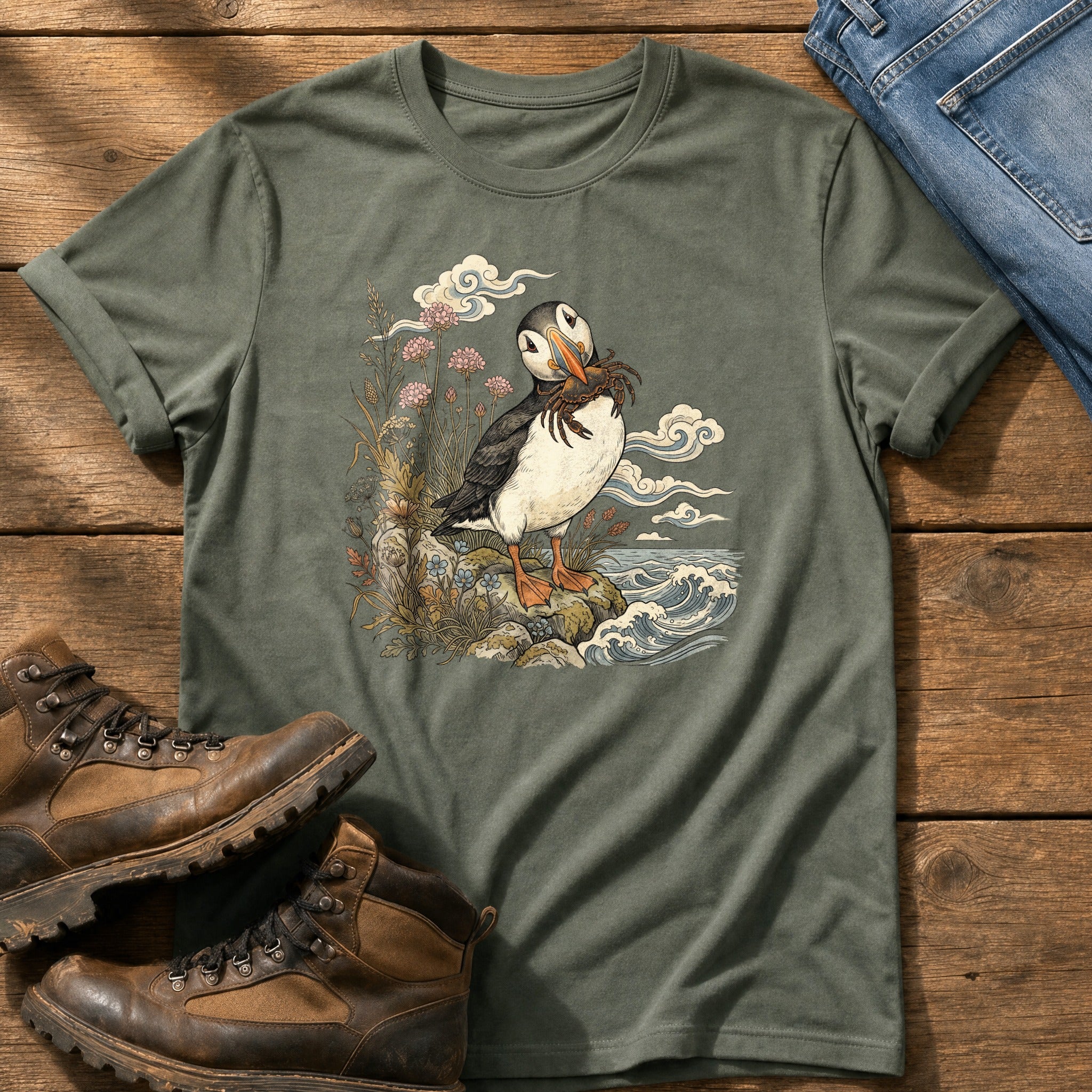 Puffin With Crab 4 — Moss Comfort Colors tee