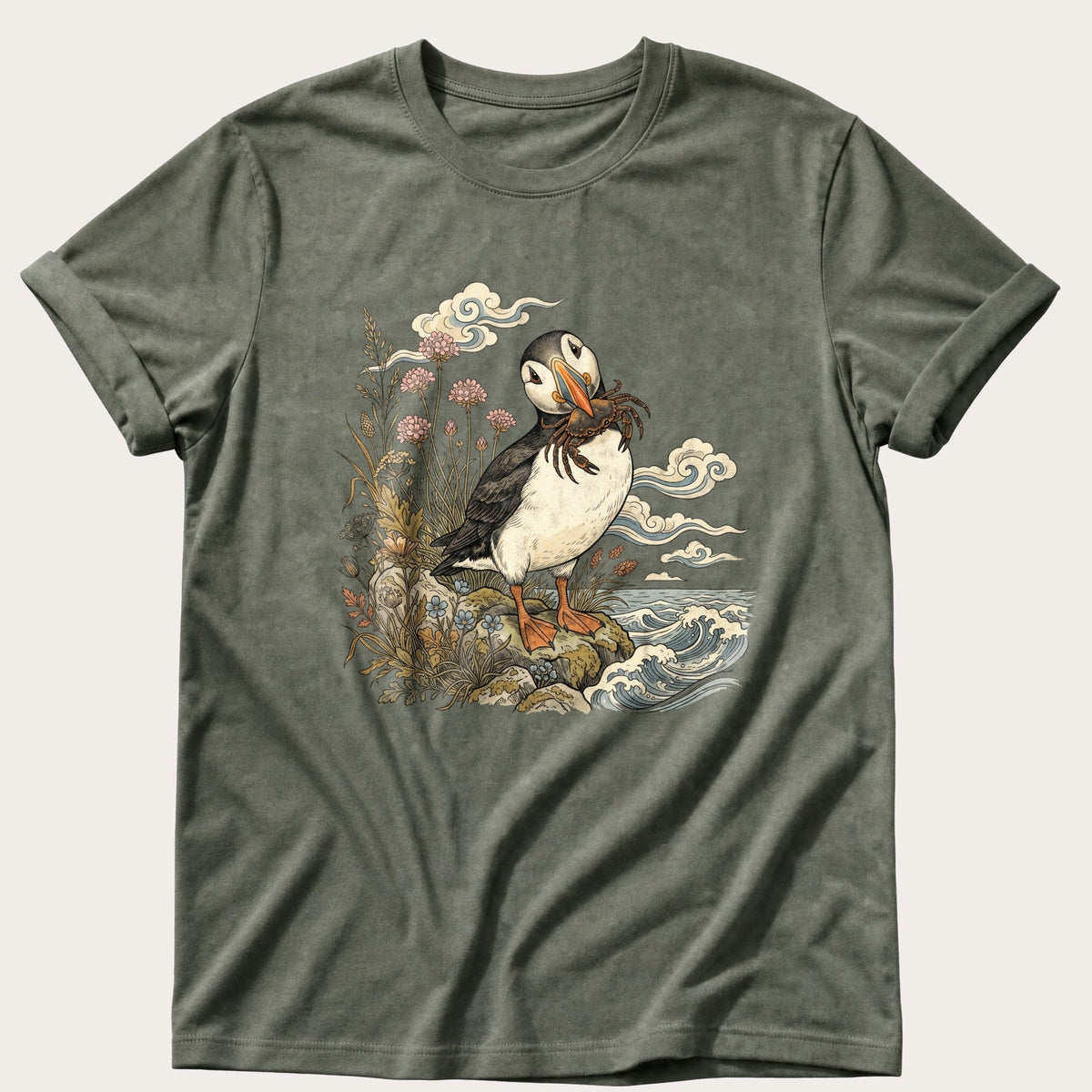 Puffin With Crab 4 — Moss Comfort Colors tee