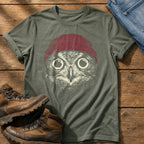 Red Beanie Owl — Moss Comfort Colors tee