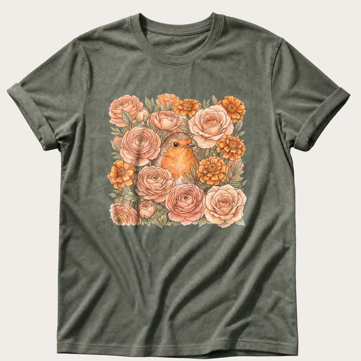 Robin Flower Bed 5 — Moss Comfort Colors tee