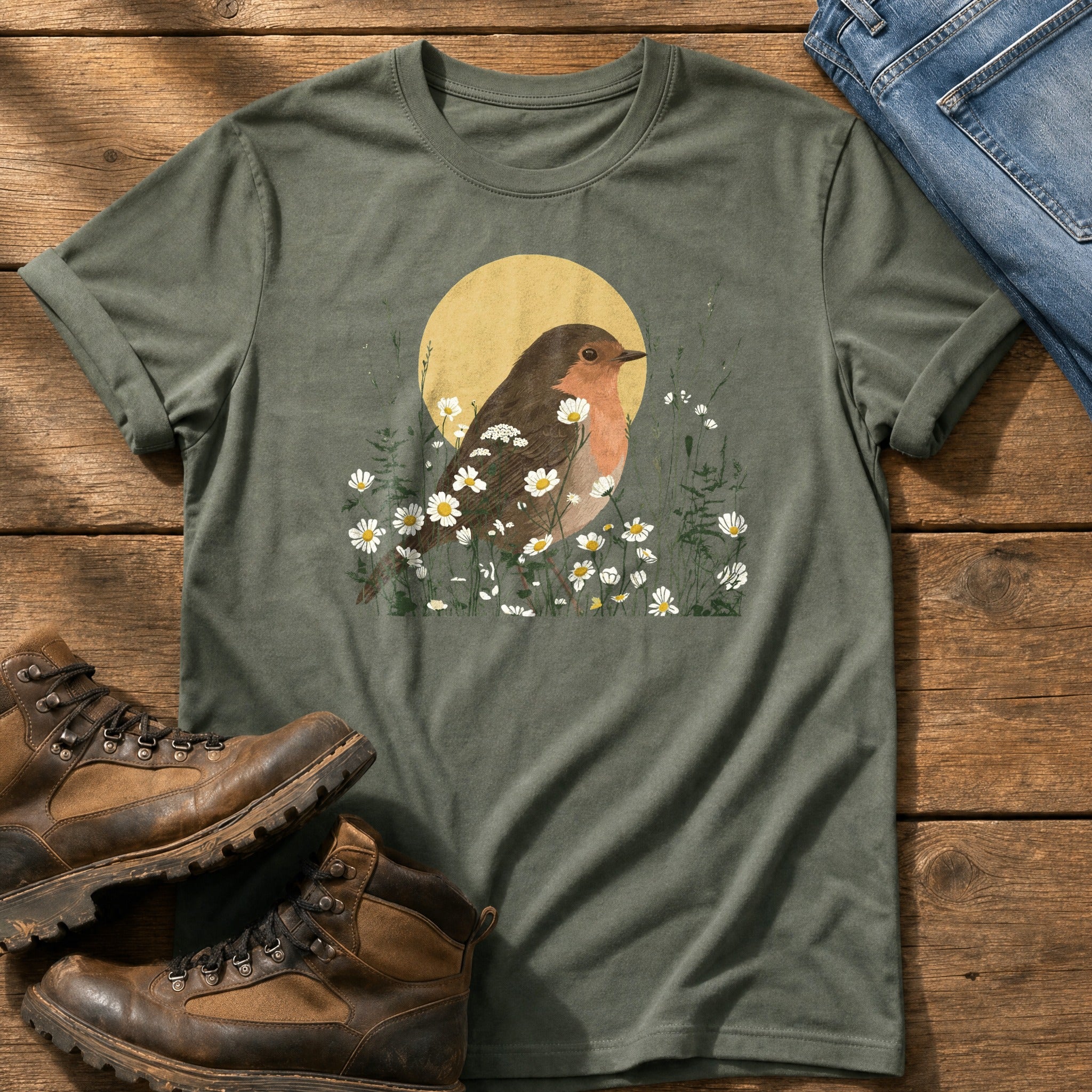 Robin Flower Bed — Moss Comfort Colors tee