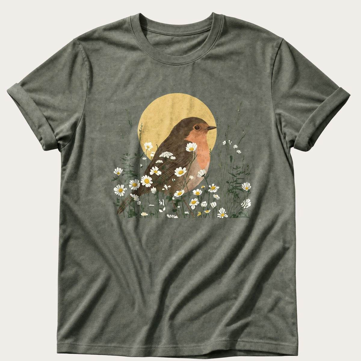 Robin Flower Bed — Moss Comfort Colors tee