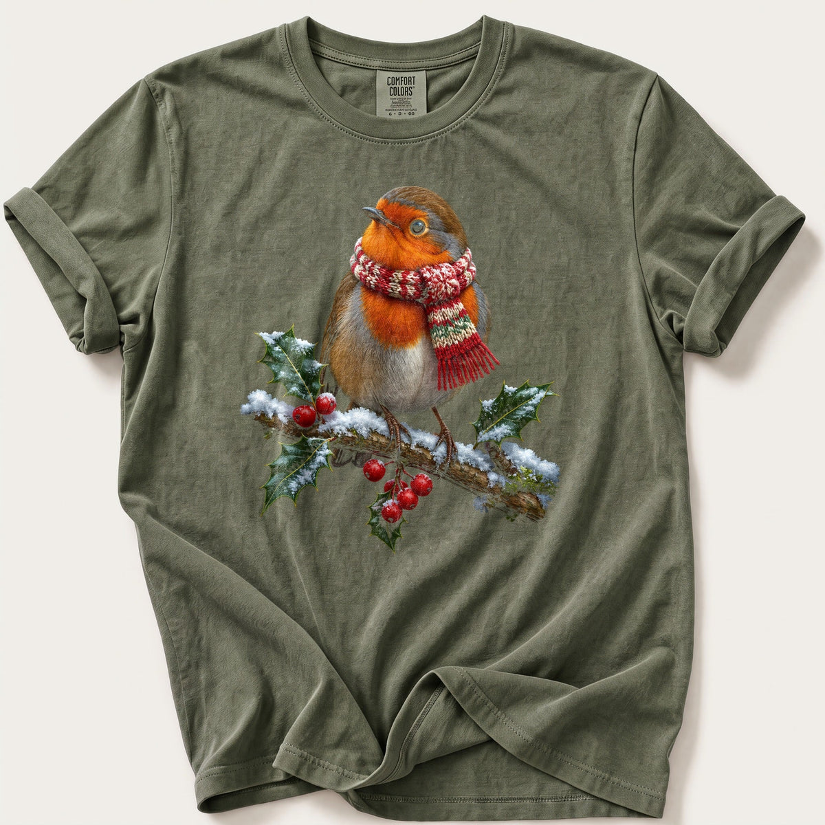 Robin In A Knitted Scarf — Moss Comfort Colors tee
