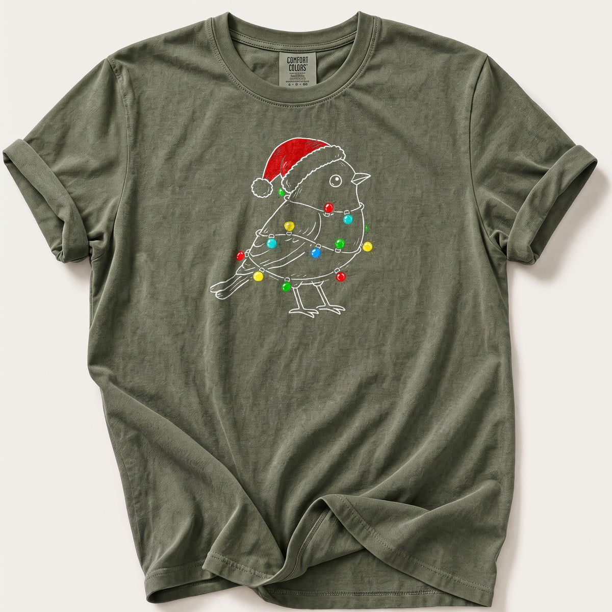 Robin In Fairy Lights Outline — Moss Comfort Colors tee