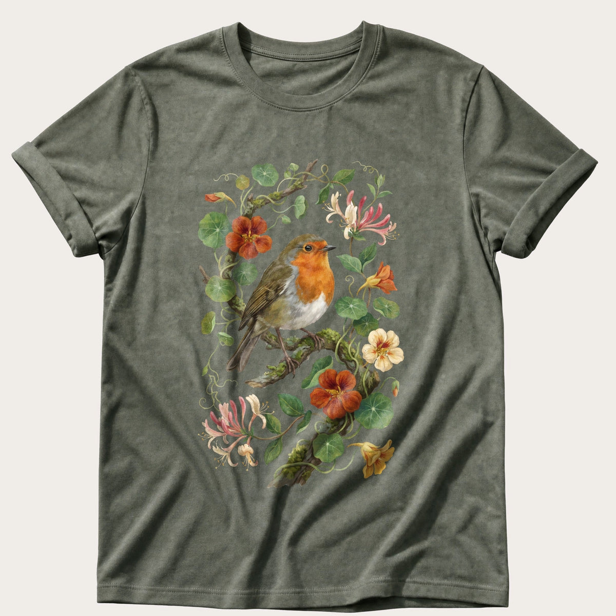 Robin & Nasturtiums — Moss Comfort Colors tee