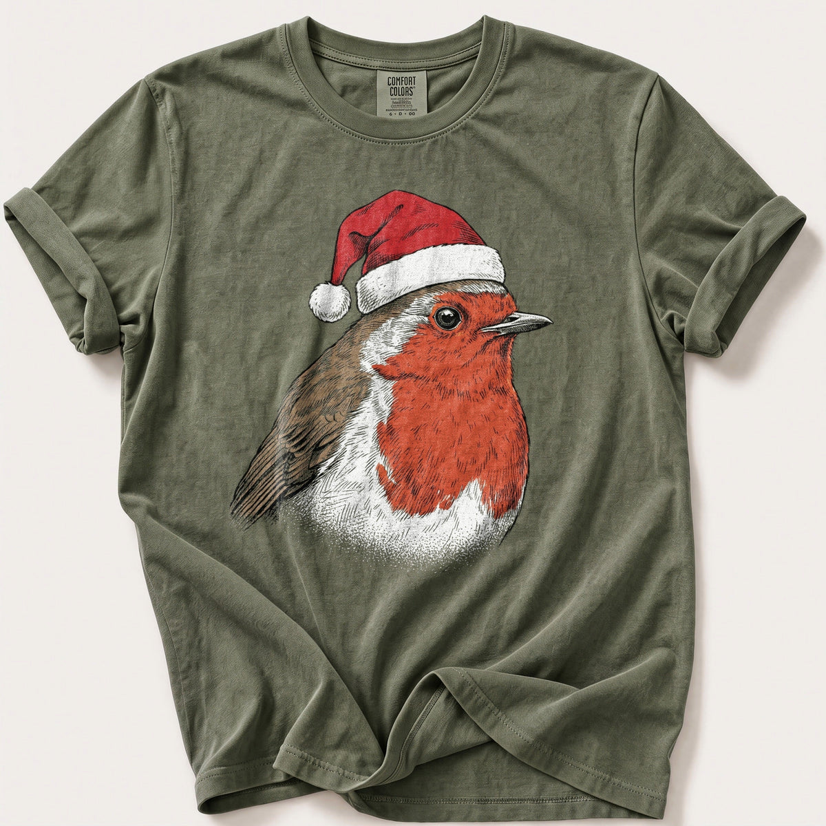 Santa Hat Robin — Moss Comfort Colors tee