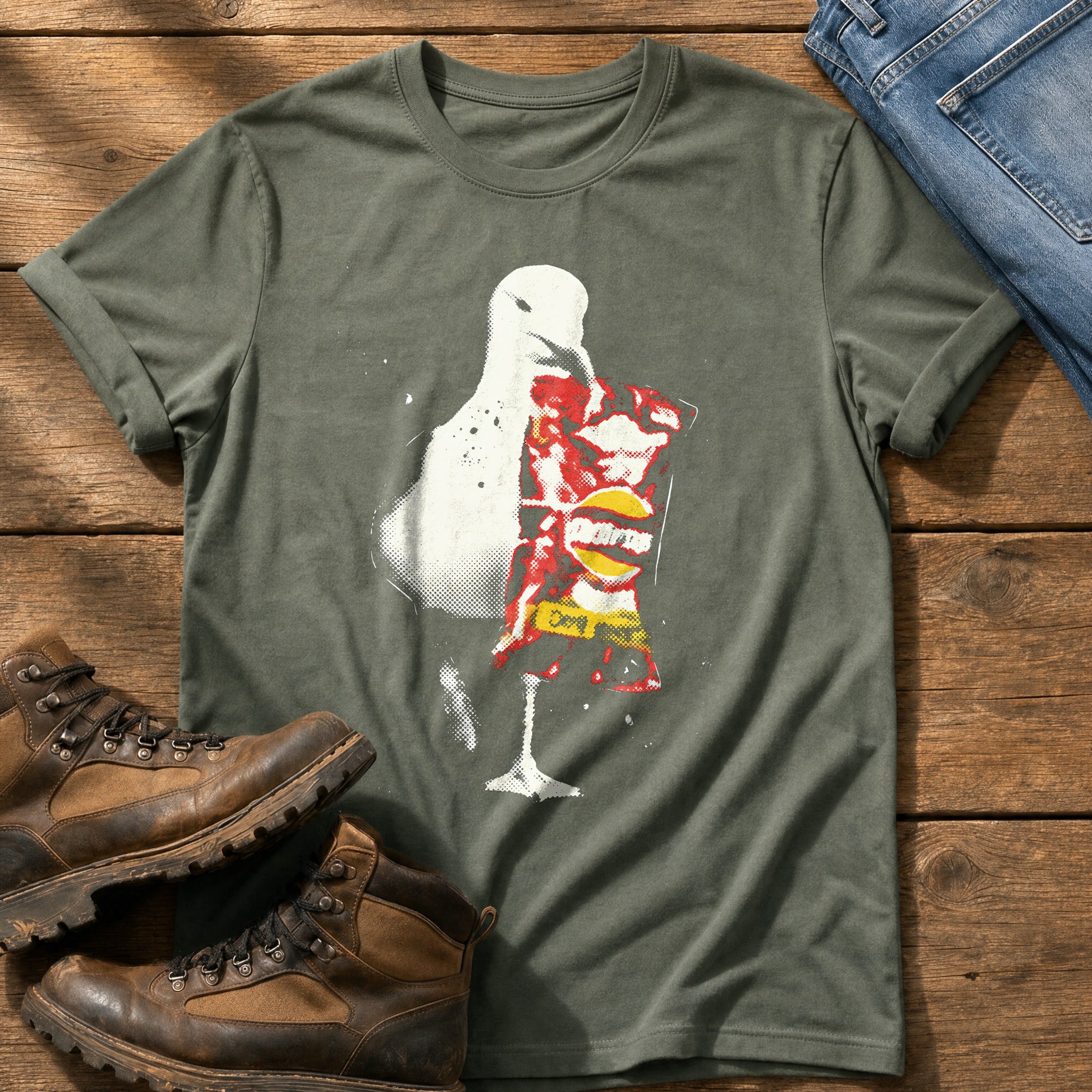 Seagull With Crisps 12 — Moss Comfort Colors tee