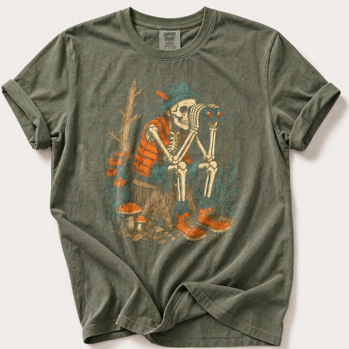 Skeleton Birdwatcher — Moss Comfort Colors tee