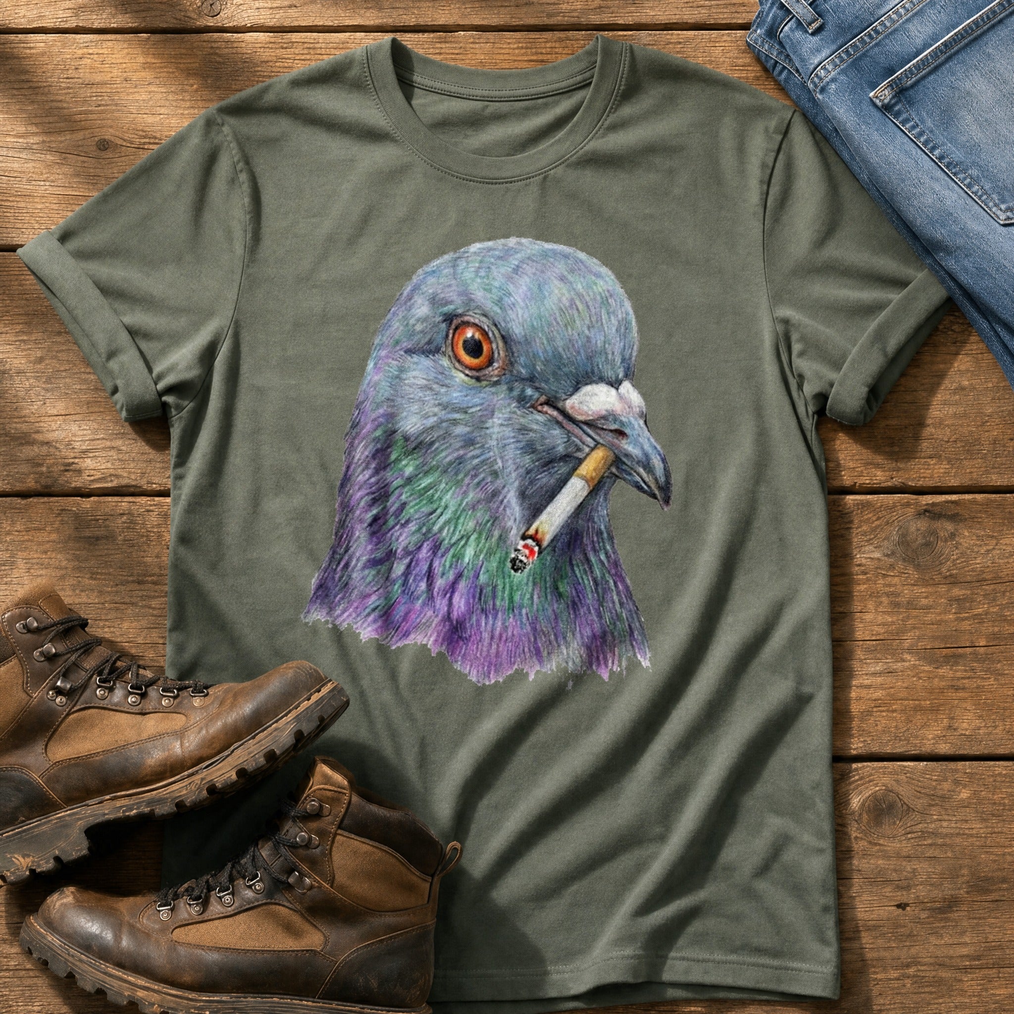 Smoking Pigeon 22 — Moss Comfort Colors tee