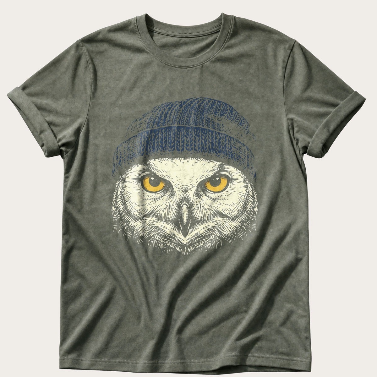 Snow Owl Beanie 44 — Moss Comfort Colors tee