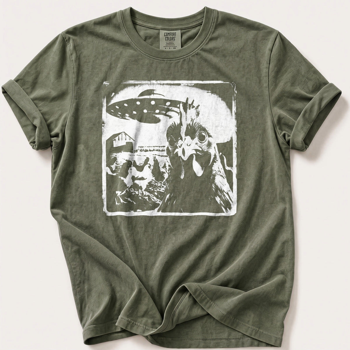 Spaceship Chicken 98 — Moss Comfort Colors tee