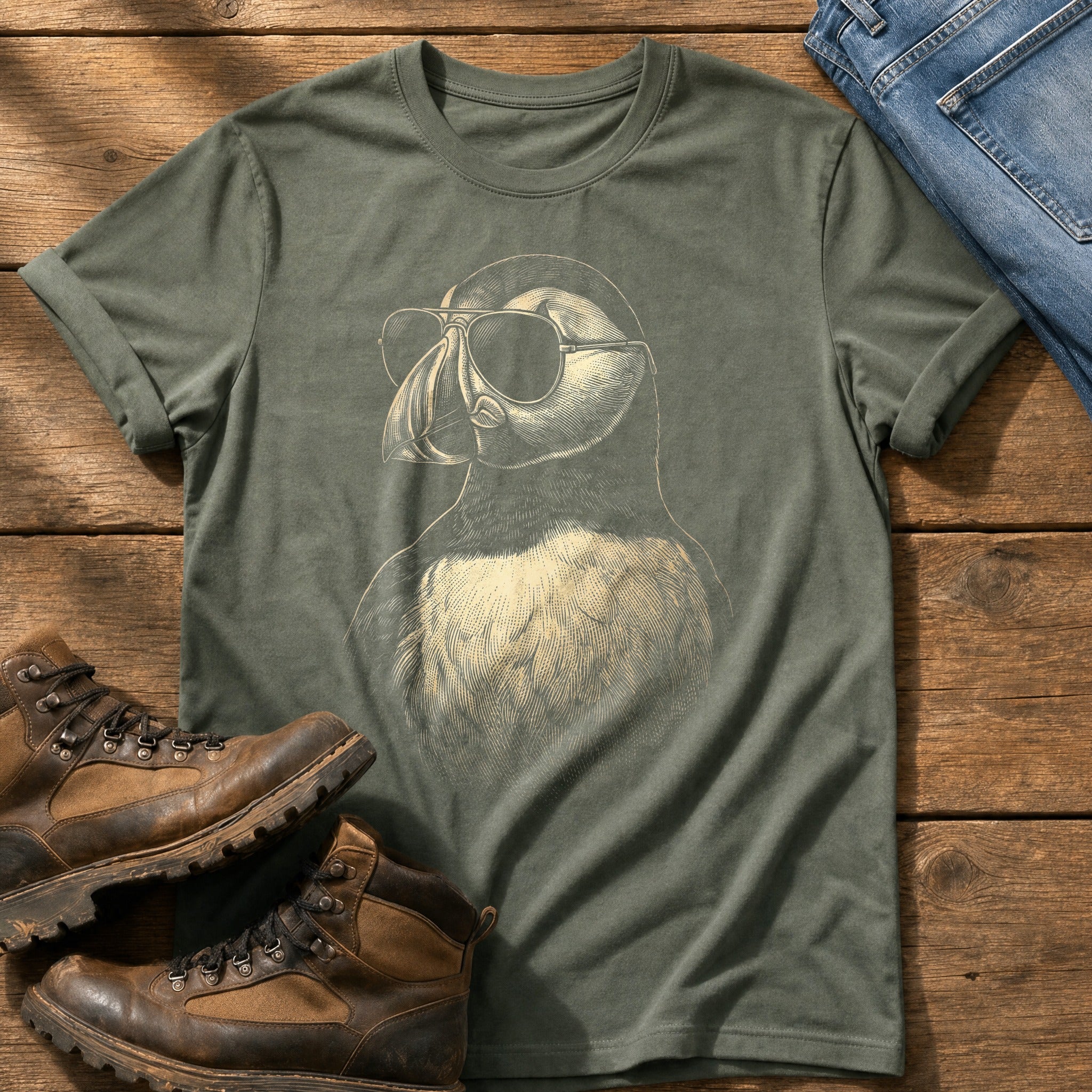 Sunglass Puffin 5 — Moss Comfort Colors tee