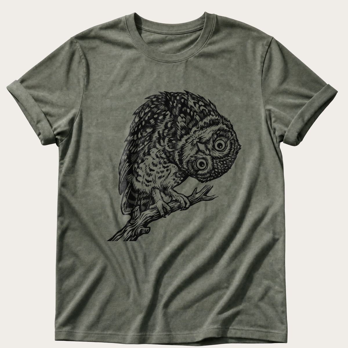 Tilted Head Owl 11 — Moss Comfort Colors tee