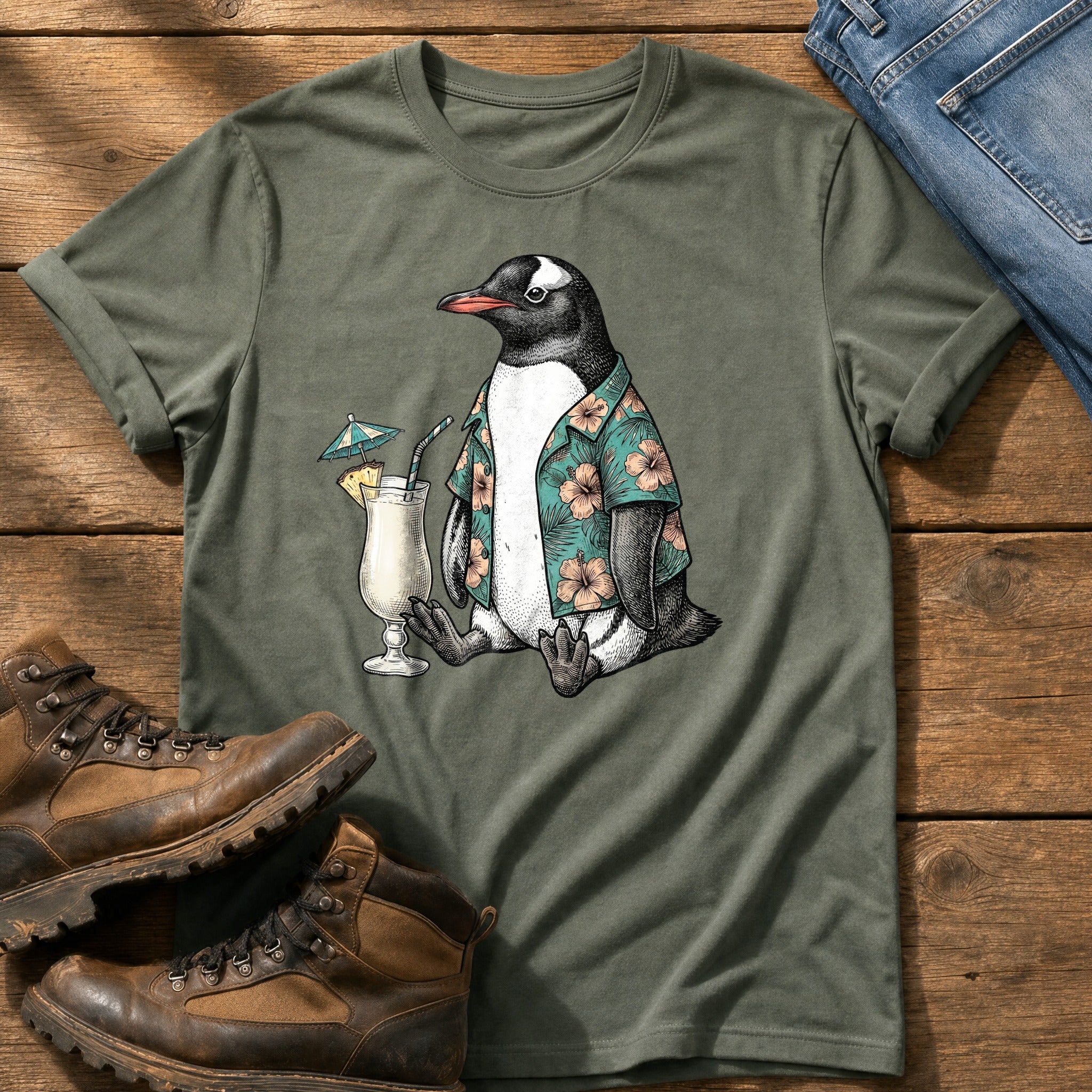 Tropical Penguin — Moss Comfort Colors tee