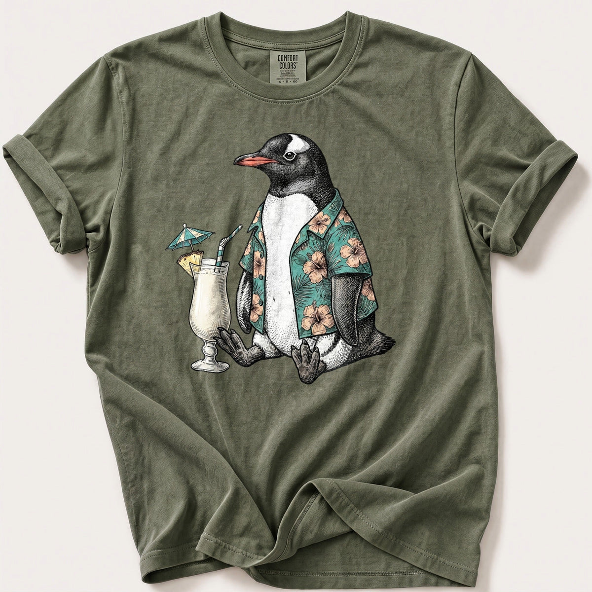 Tropical Penguin — Moss Comfort Colors tee