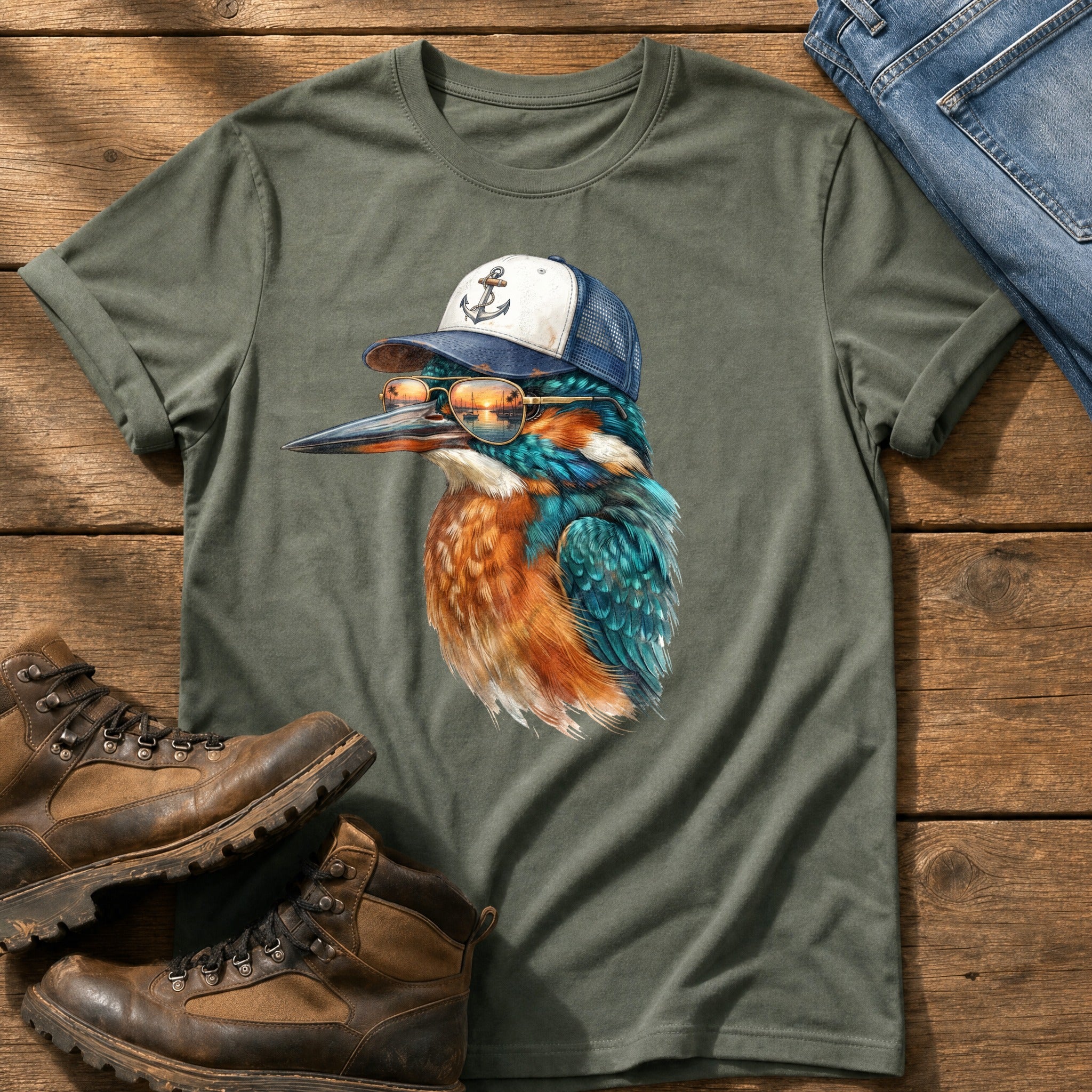 Trucker Fisher 3 — Moss Comfort Colors tee