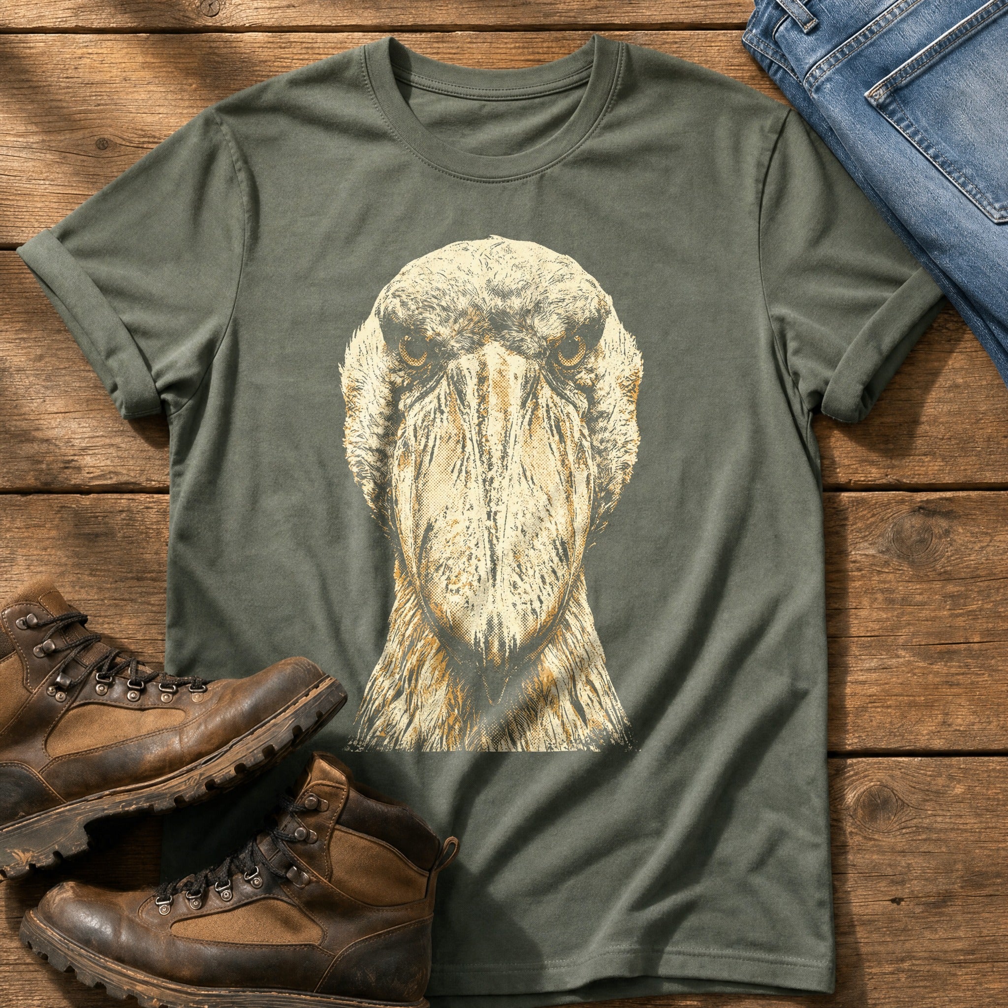 Washed Out Shoebill 4 — Moss Comfort Colors tee