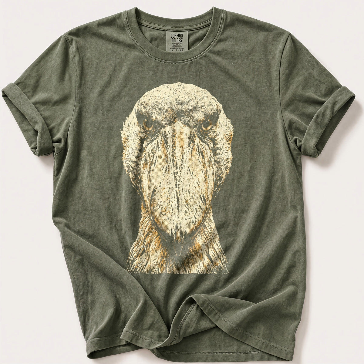 Washed Out Shoebill 4 — Moss Comfort Colors tee