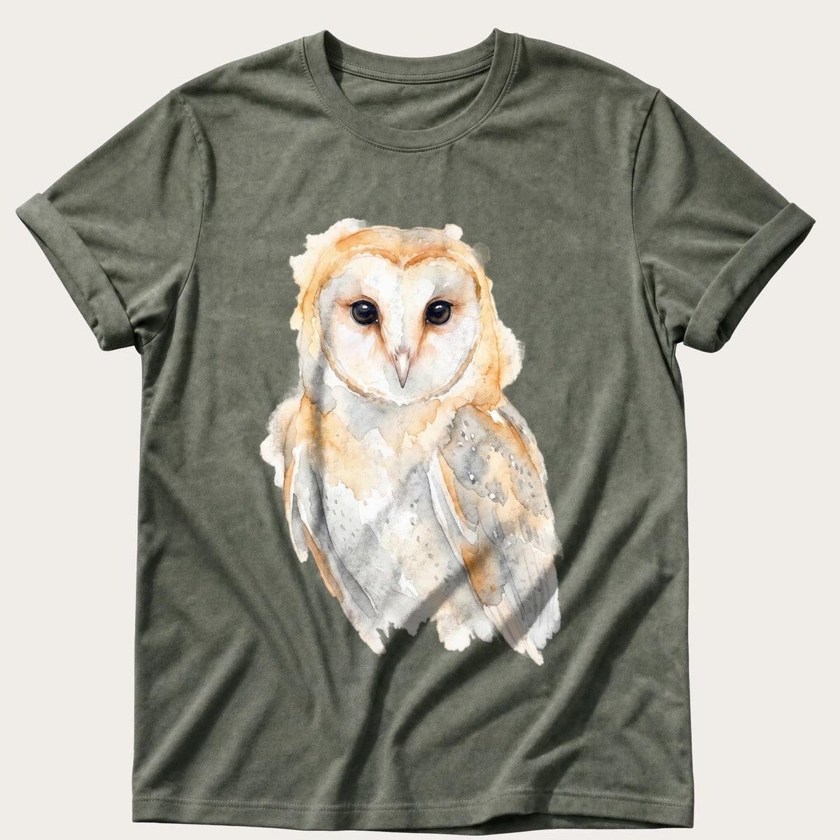 Watercolour Barn Owl — Moss Comfort Colors tee