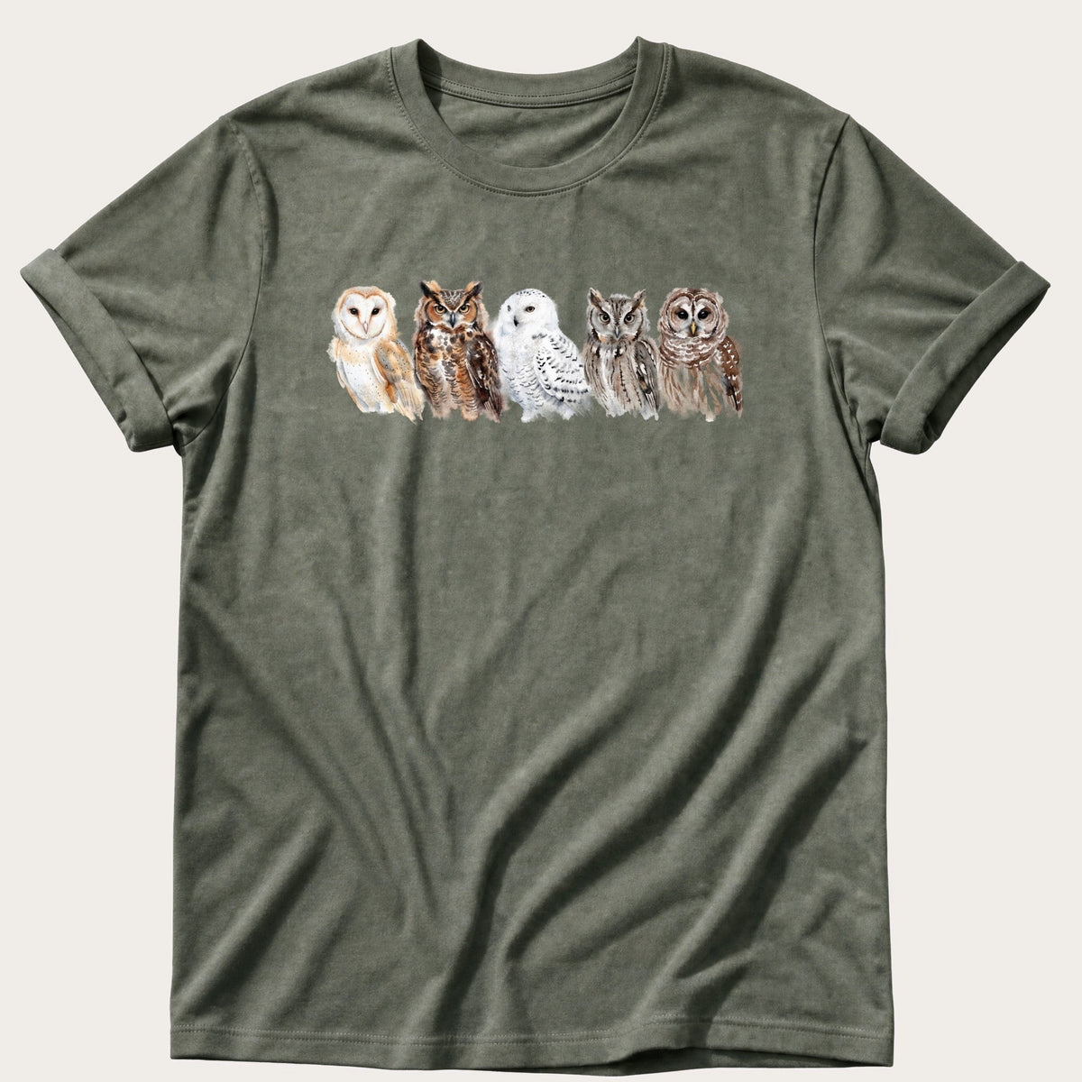 Watercolour Owls — Moss Comfort Colors tee