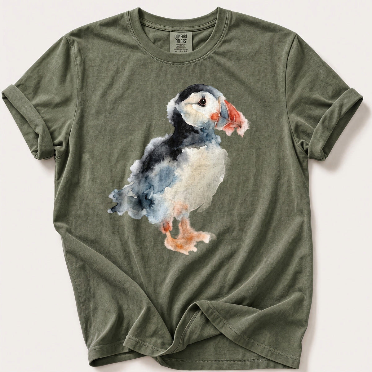 Watercolour Puffin — Moss Comfort Colors tee