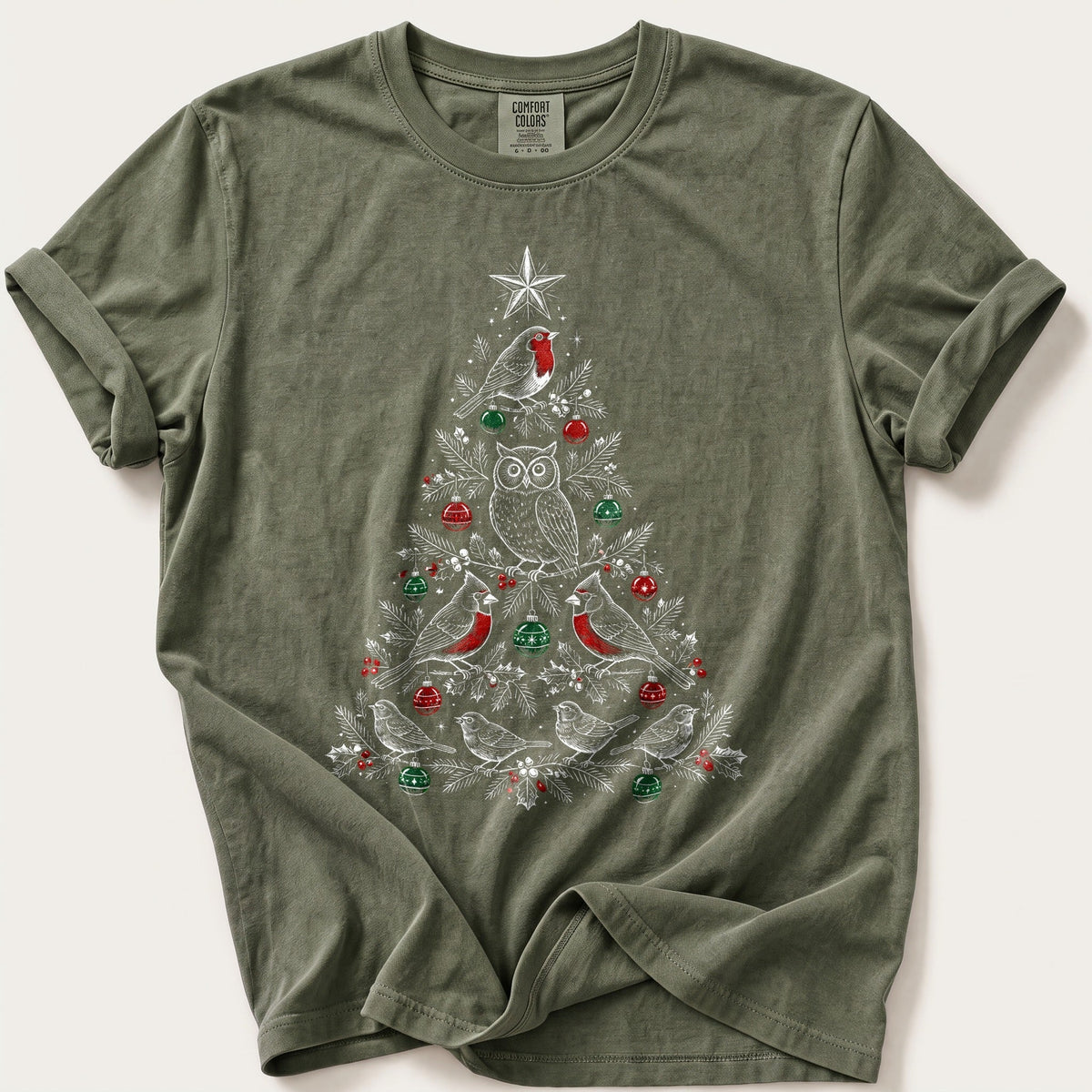 Winter White Bird Tree — Moss Comfort Colors tee