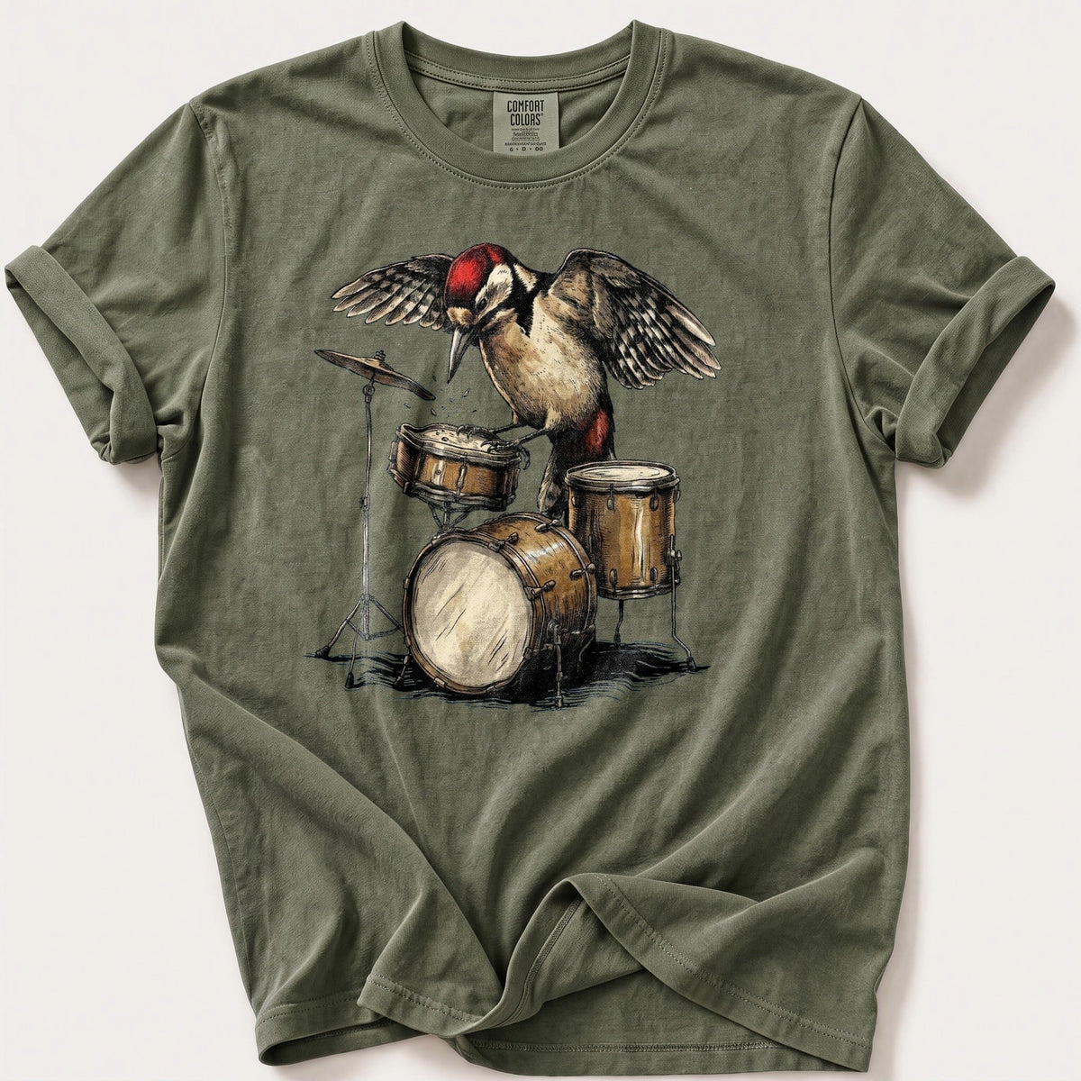 Woodpecker Drum Kit — Moss Comfort Colors tee