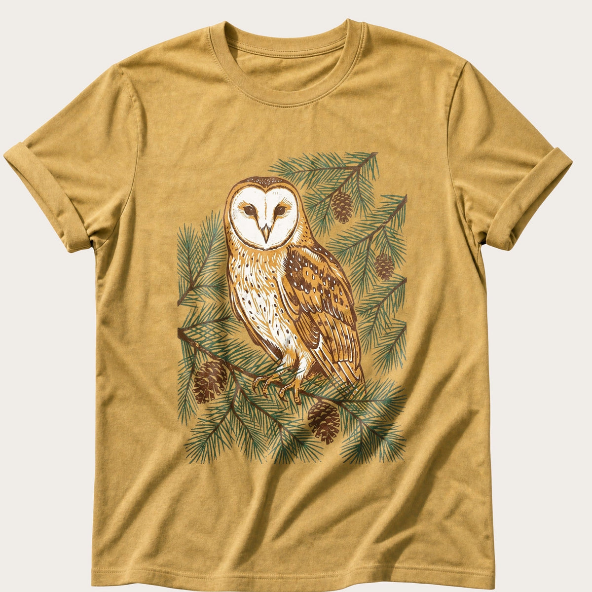 Barn Owl In The Pines — Mustard Comfort Colors tee